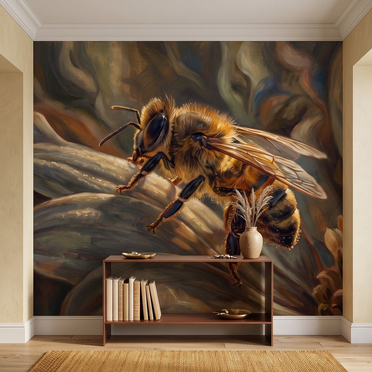 Honey bee botanical wall mural centered bee insect artwork with swirling background tones