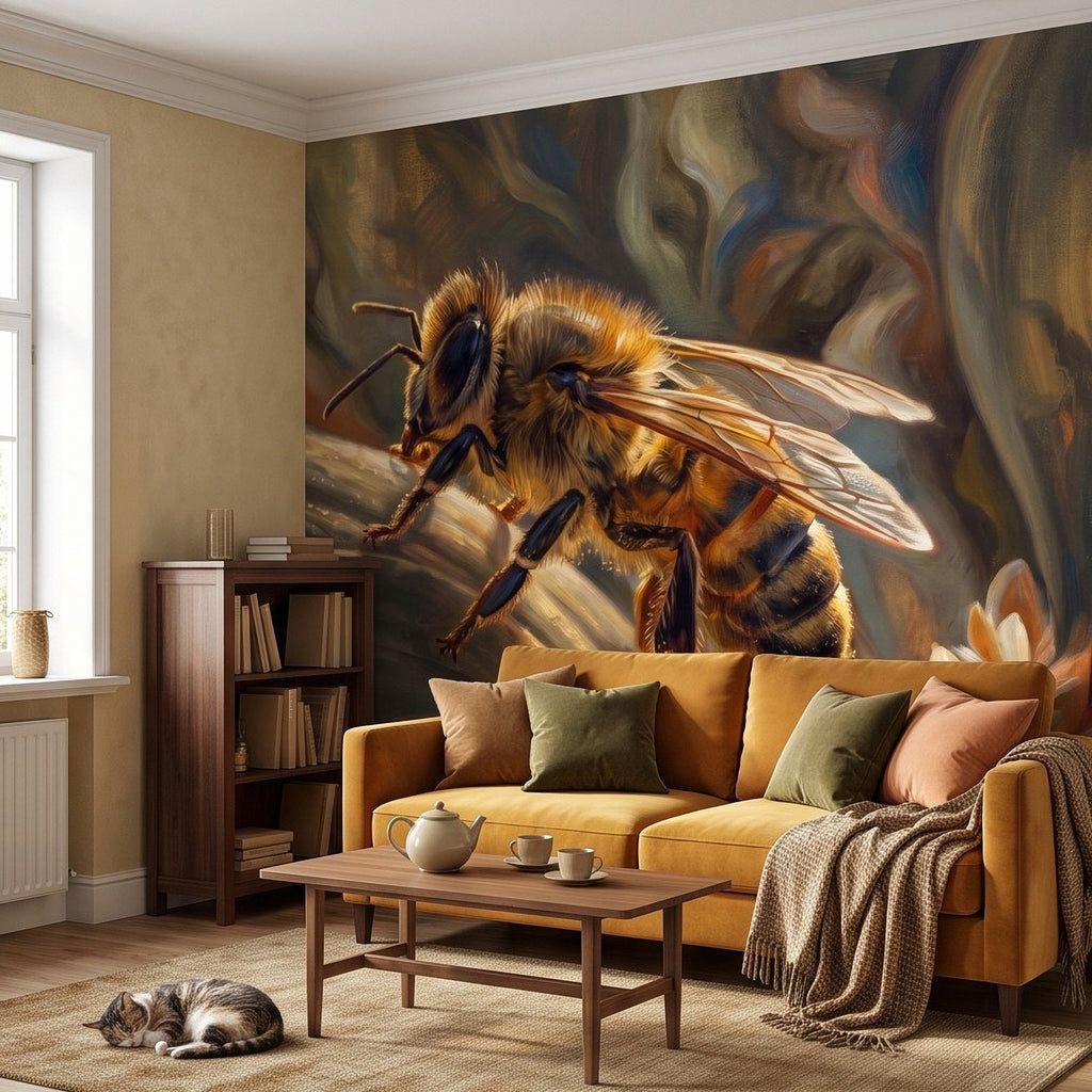 Honey bee wall mural painting with wings spread, surrounded by soft botanical leaves.