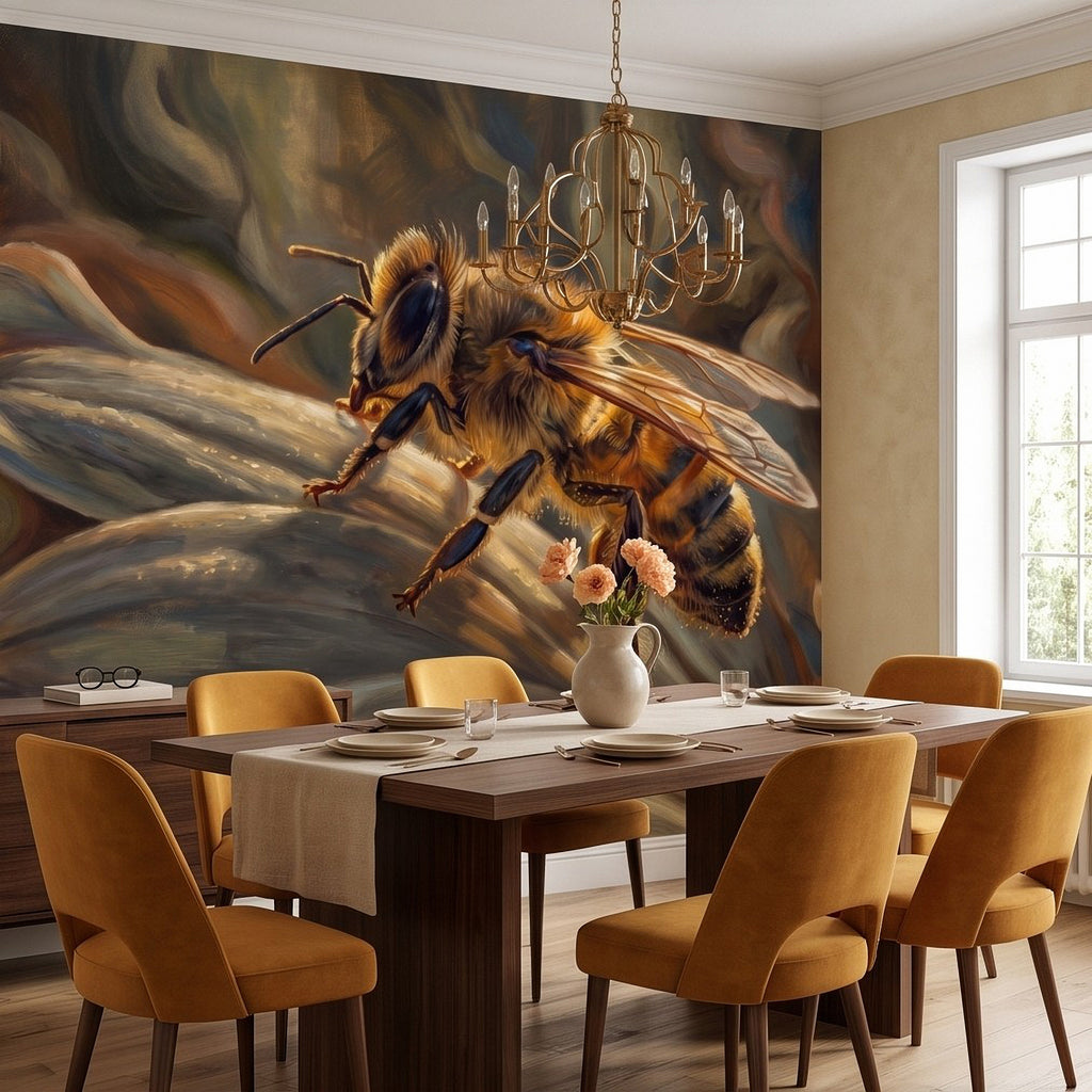 Honey bee botanical wall mural with bee and surrounding botanical accents in warm tones