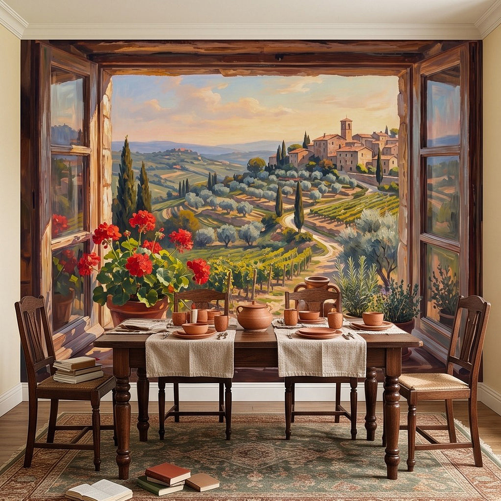 Tuscan landscape window wall mural with blooming flowers and vineyard village scene