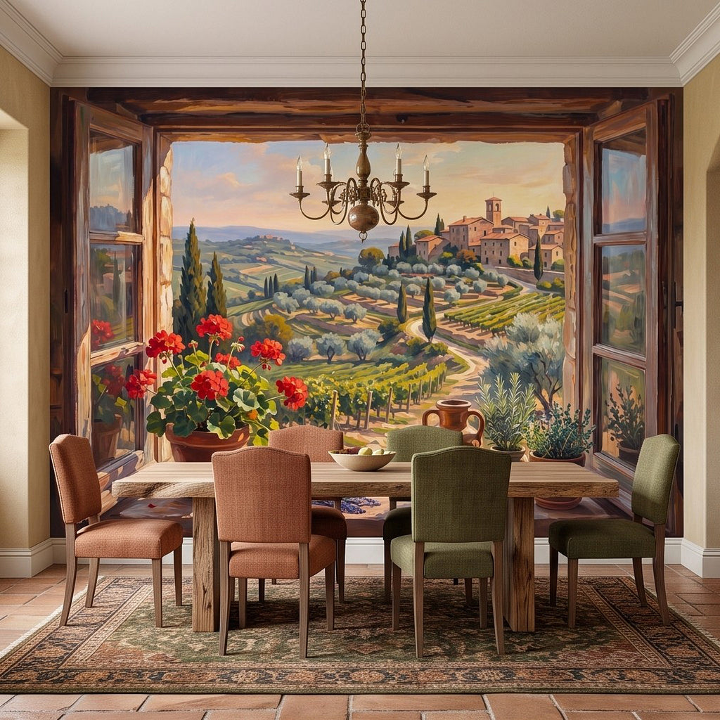 Italian countryside window-view wall mural painting with village, cypress, and fields