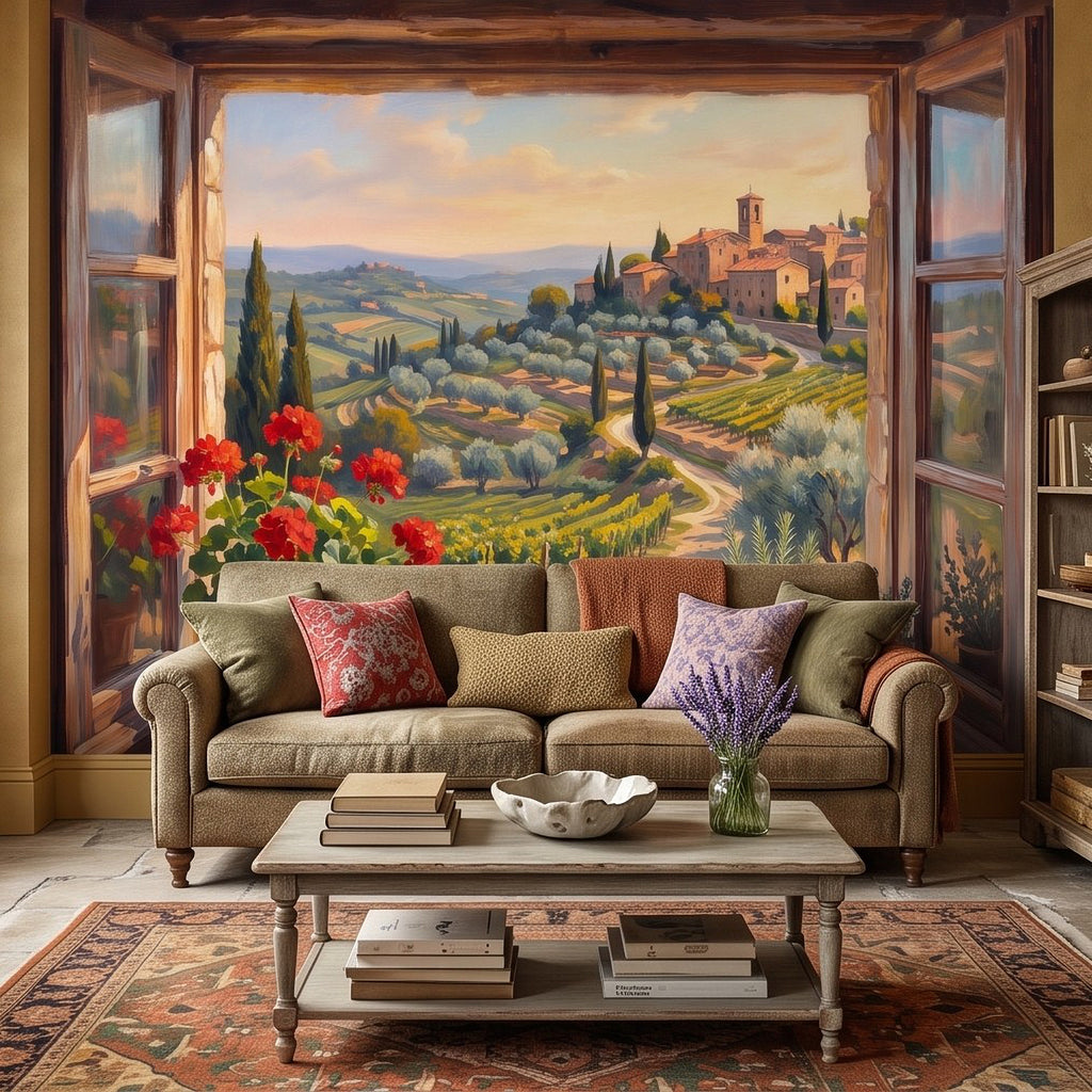 Window-view landscape wall mural painting with village, vineyards, and cypress tree