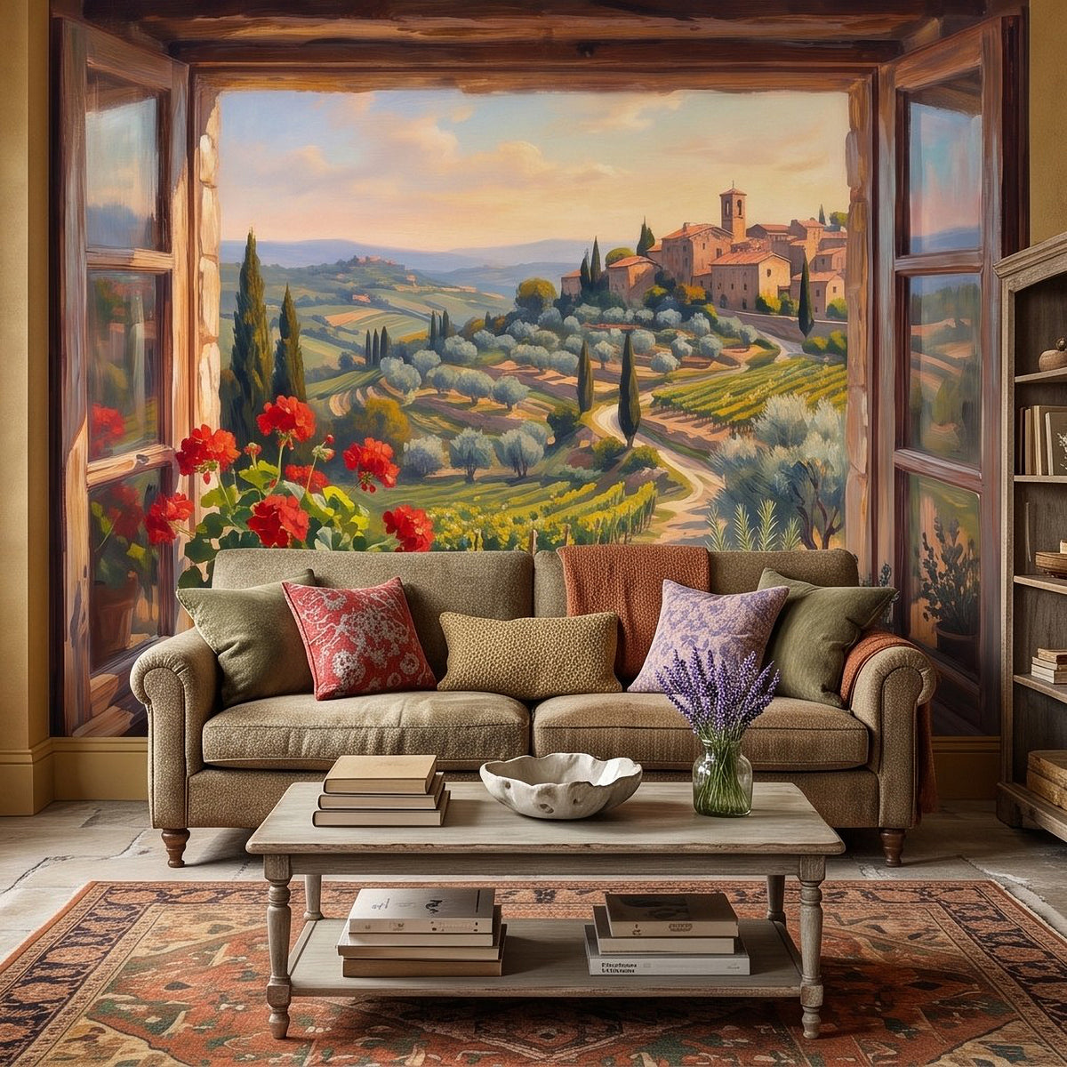 Window-view landscape wall mural painting with village, vineyards, and cypress tree