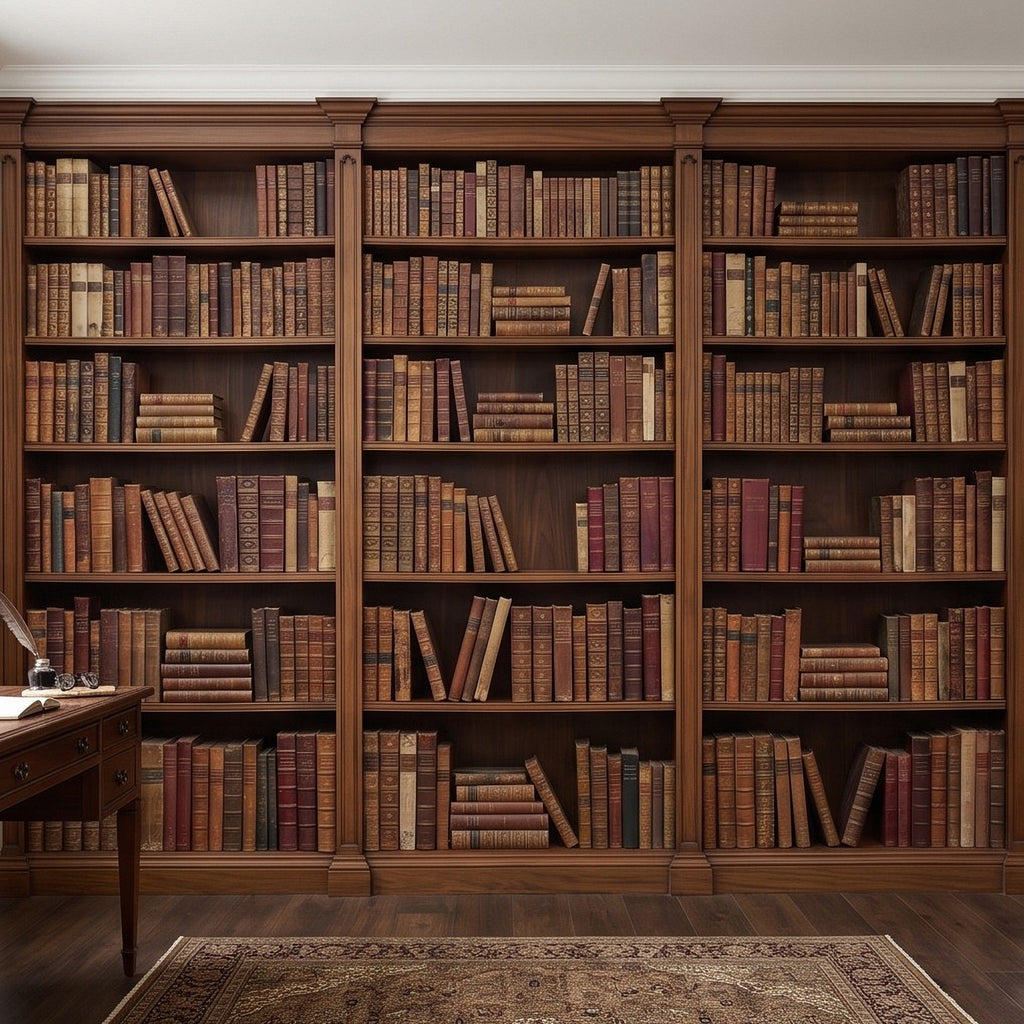 Antique-style bookshelf mural with stacked vintage books and wooden cabinet panels.