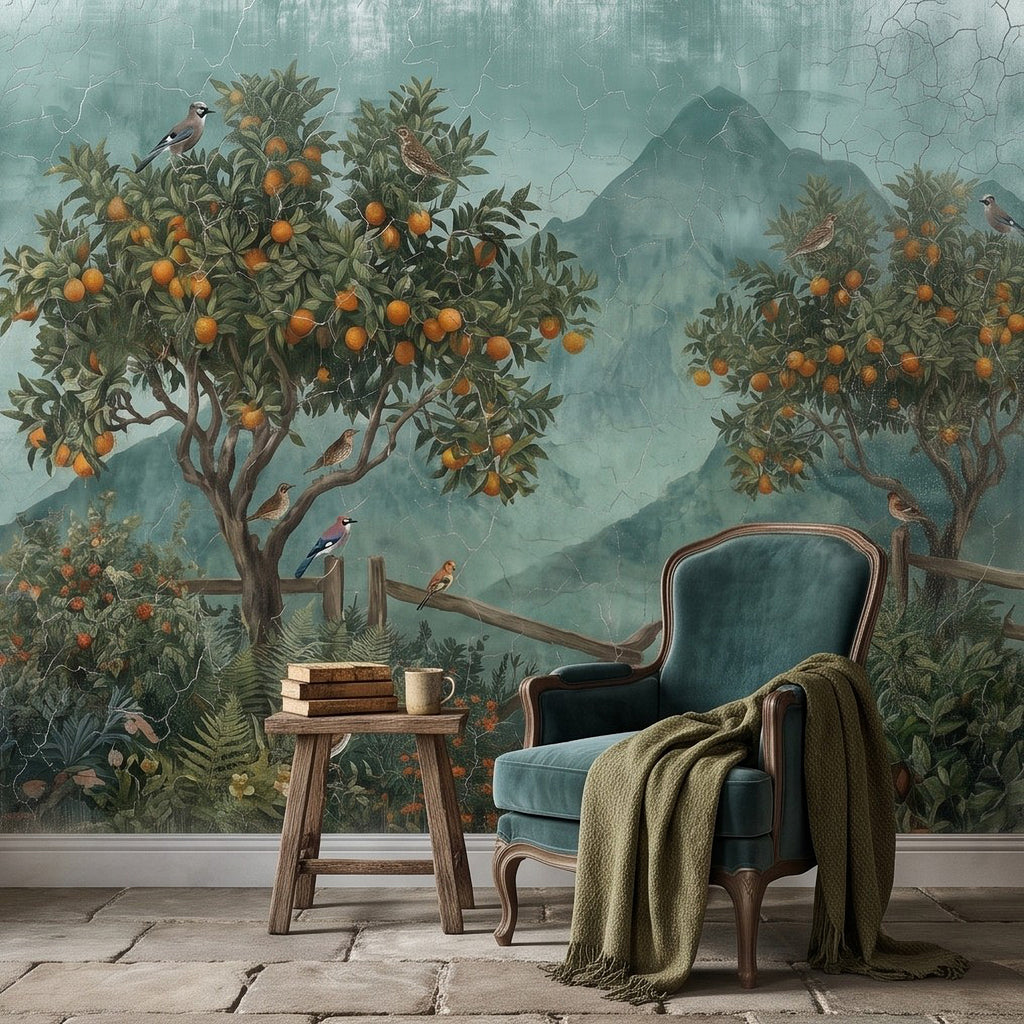 Botanical wall mural detail with orange citrus trees and birds over a green mountain scene