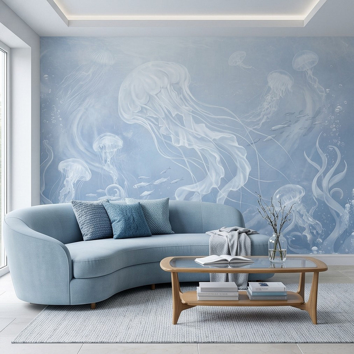 Blue underwater wall mural with a large central jellyfish and smaller jellyfish silhouettes
