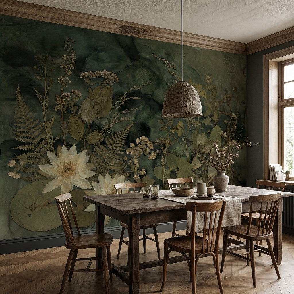 Botanical wall mural with pressed water lily flowers, ferns, and vintage herbarium collage