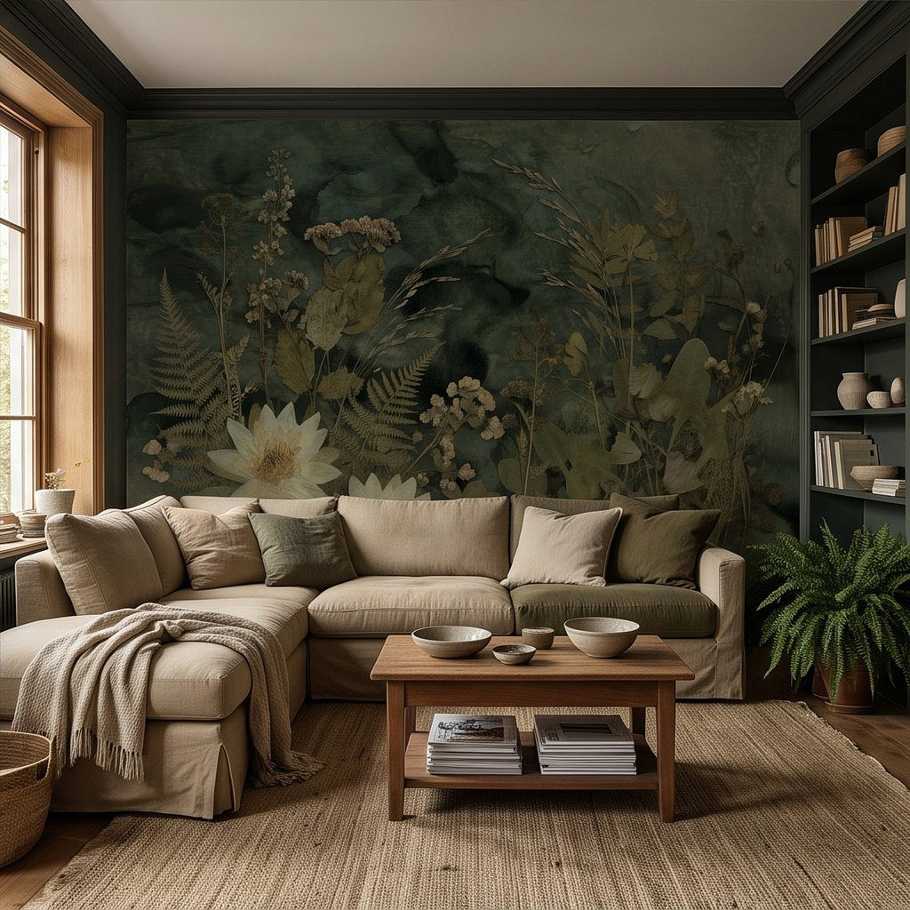Botanical wall mural with water lilies and fern foliage in a vintage herbarium collage