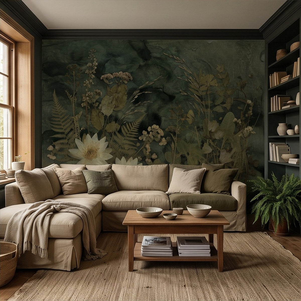 Botanical wall mural with water lilies and fern foliage in a vintage herbarium collage