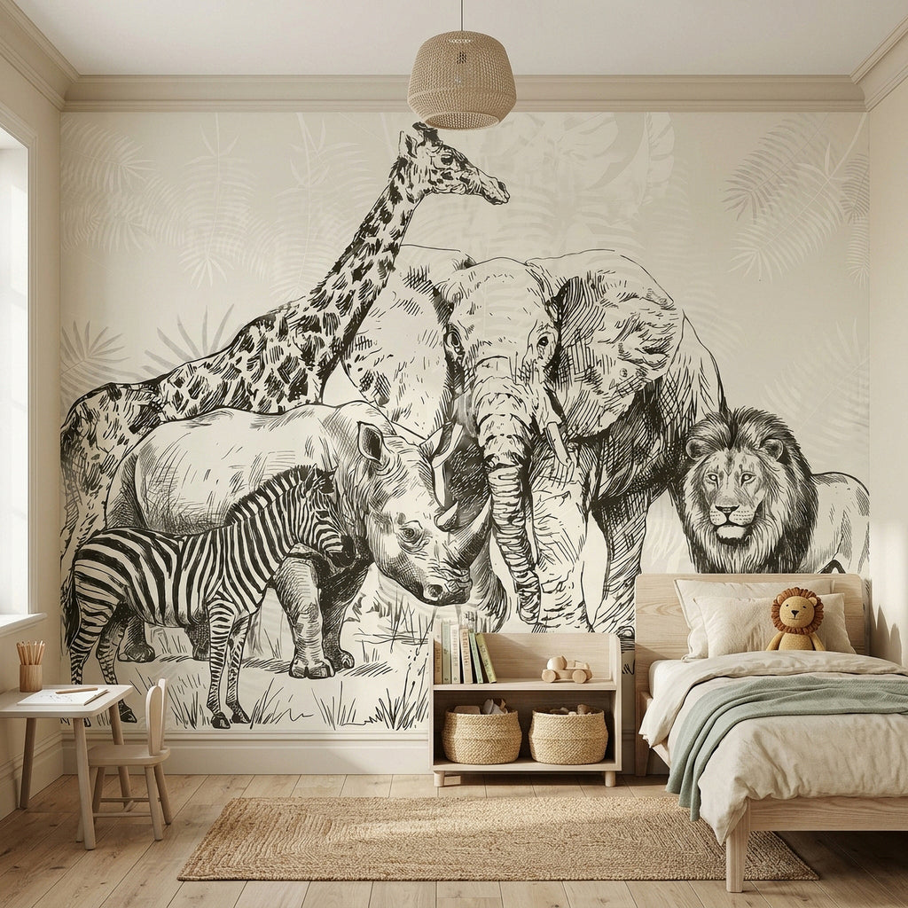 Safari wall mural with engraved elephant, lion, giraffe, zebra, and rhino