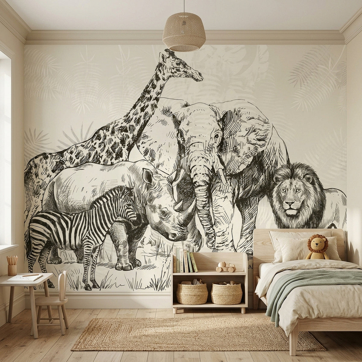 Safari wall mural with engraved elephant, lion, giraffe, zebra, and rhino