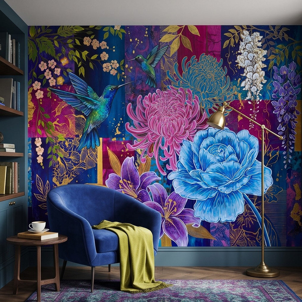 Colorful botanical wall mural with hummingbird, pink chrysanthemum, and blue peony blooms