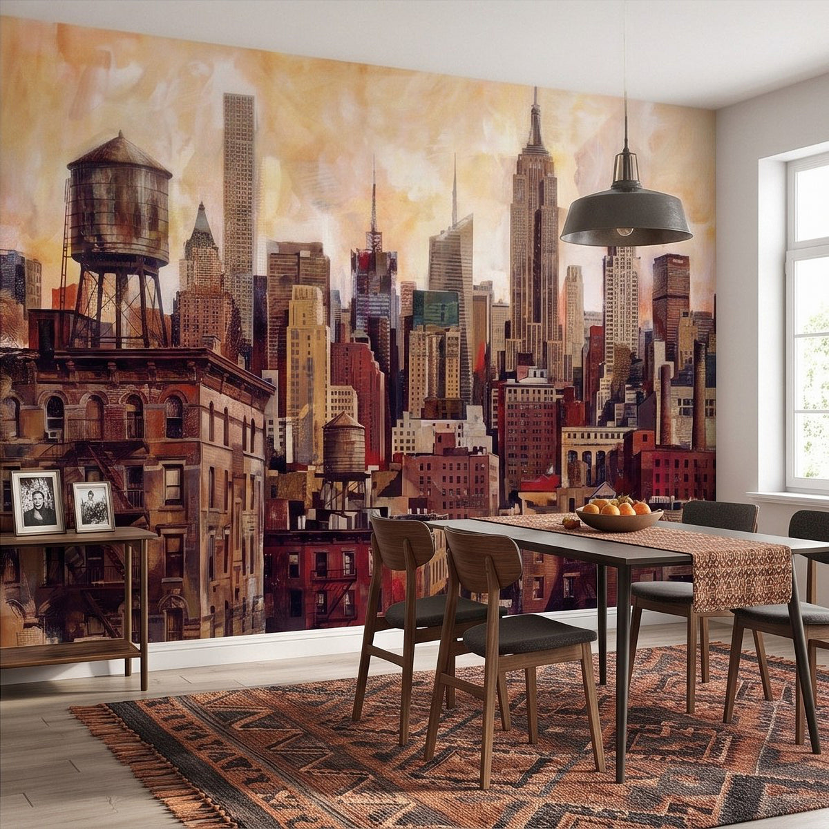City skyline wall mural with tall towers, detailed buildings, and warm peach cloud backdrop