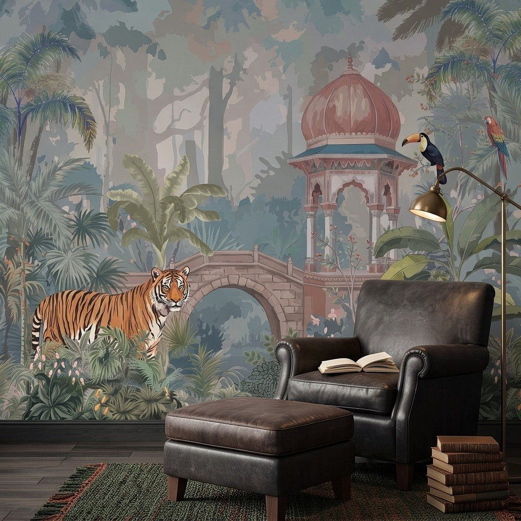 Tropical jungle wall mural showing orange tiger, red-domed palace, parrots, and vines