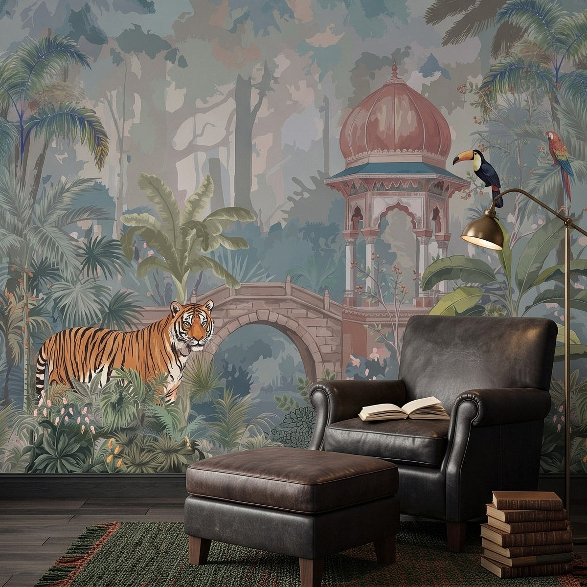 Tropical jungle wall mural showing orange tiger, red-domed palace, parrots, and vines