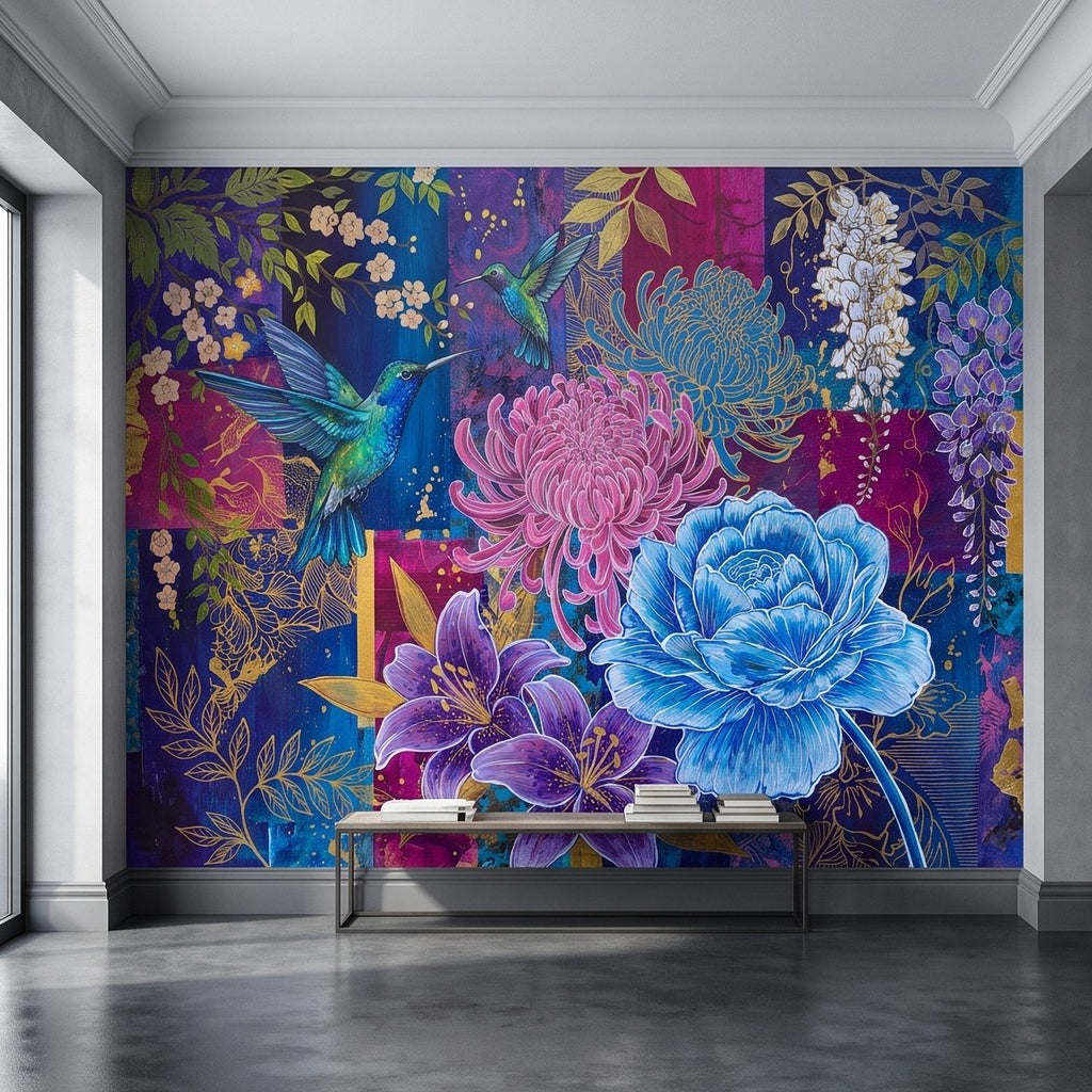 Colorful botanical wall mural panel with hummingbird and blue and pink flowers