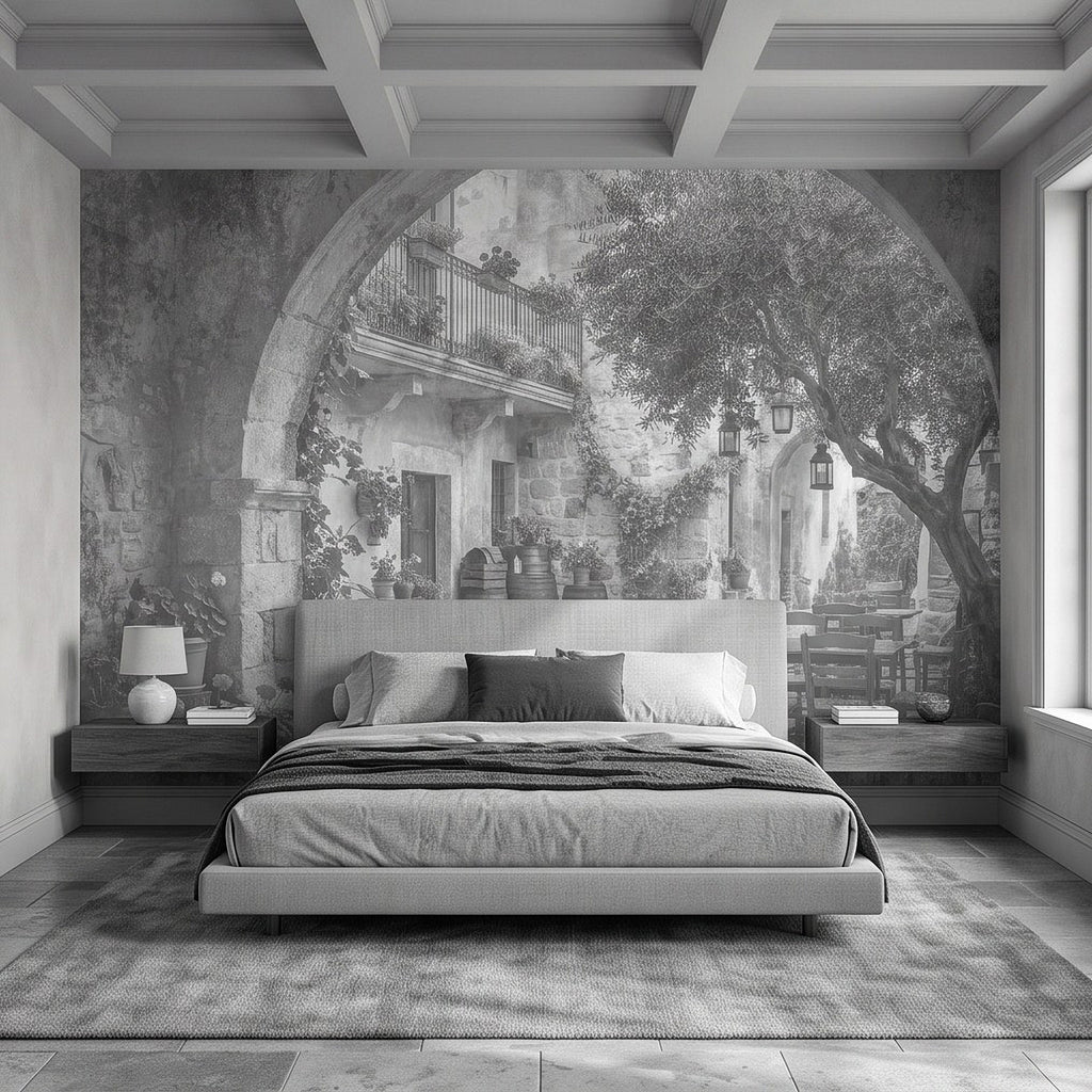 Stone arch courtyard mural behind a bed with pillows and rug in a bedroom setting