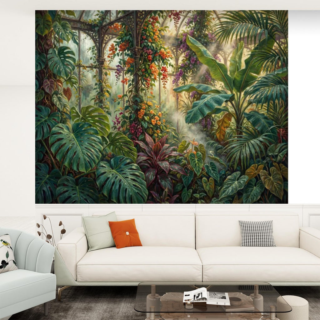 Tropical Greenhouse Jungle Wall Mural Peel and Stick Removable Botanical Wallpaper, Monstera Banana Palm Conservatory