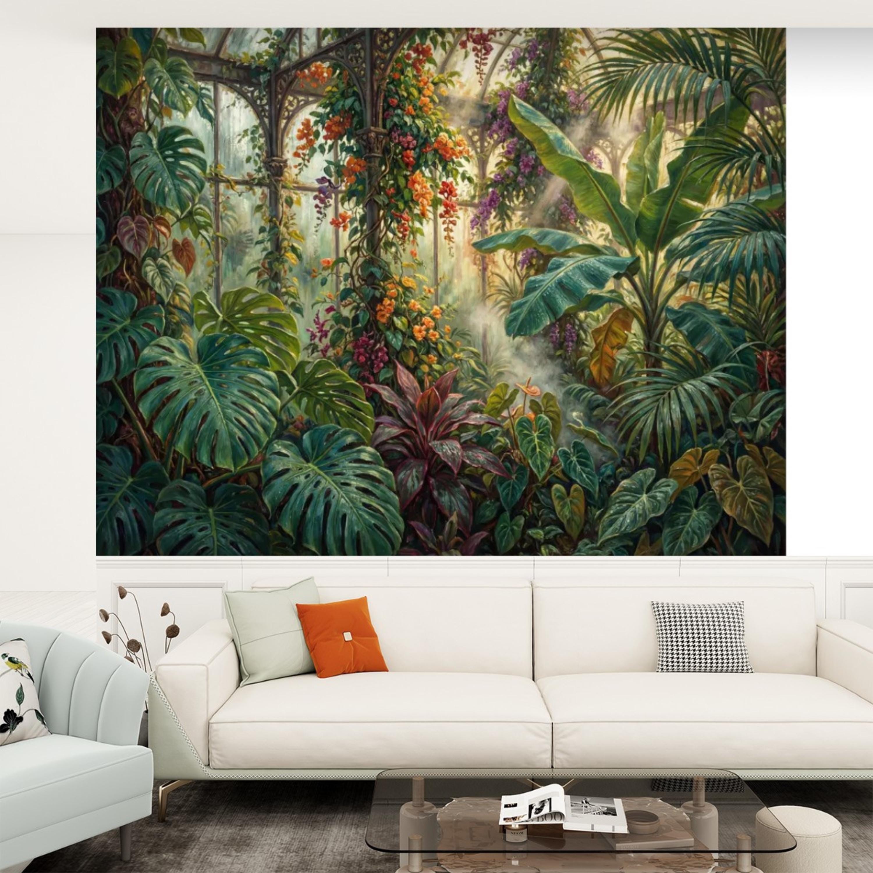 Tropical Greenhouse Jungle Wall Mural Peel and Stick Removable Botanical Wallpaper, Monstera Banana Palm Conservatory