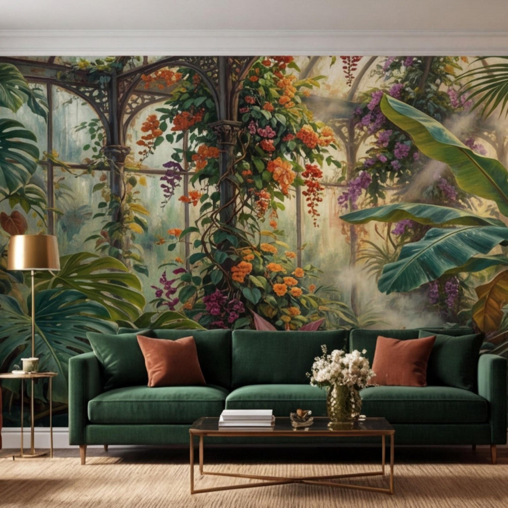 Tropical Greenhouse Jungle Wall Mural Peel and Stick Removable Botanical Wallpaper, Monstera Banana Palm Conservatory