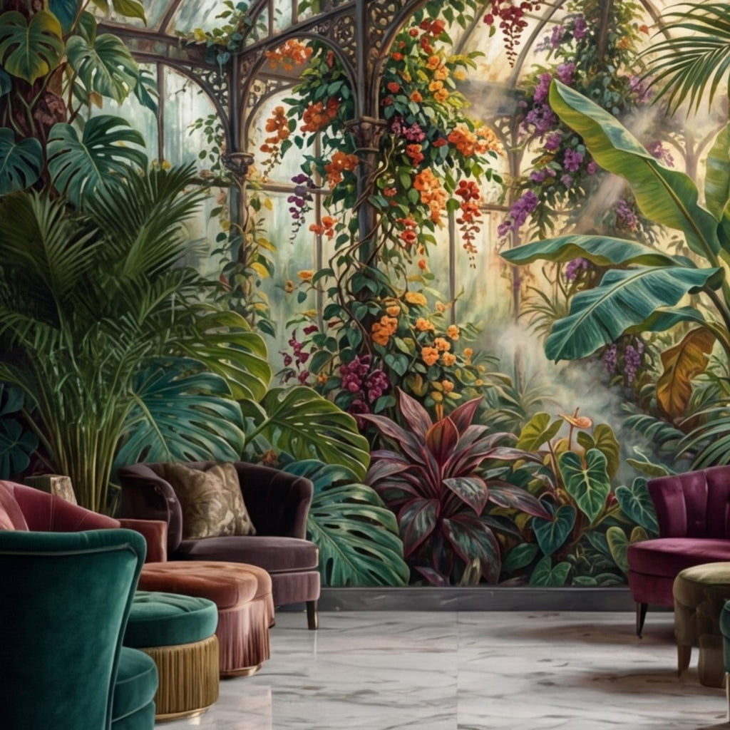 Tropical Greenhouse Jungle Wall Mural Peel and Stick Removable Botanical Wallpaper, Monstera Banana Palm Conservatory