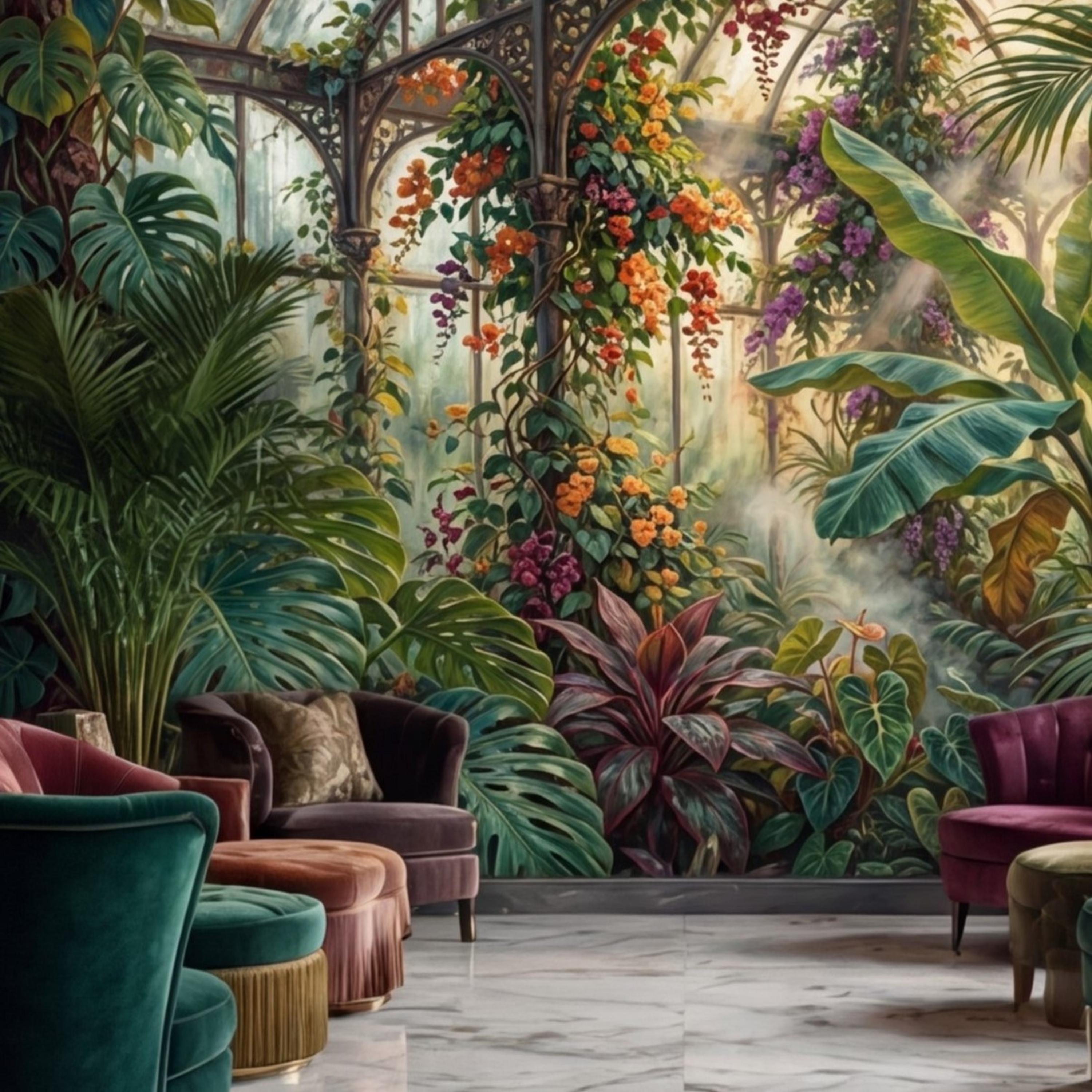 Tropical Greenhouse Jungle Wall Mural Peel and Stick Removable Botanical Wallpaper, Monstera Banana Palm Conservatory