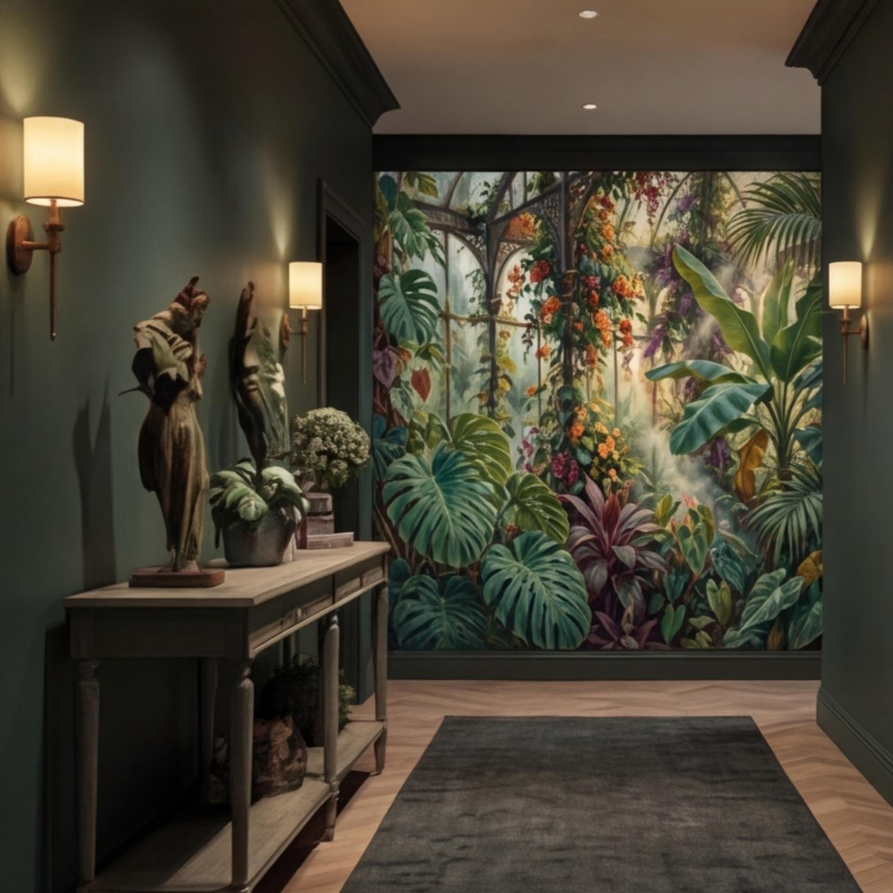 Tropical Greenhouse Jungle Wall Mural Peel and Stick Removable Botanical Wallpaper, Monstera Banana Palm Conservatory