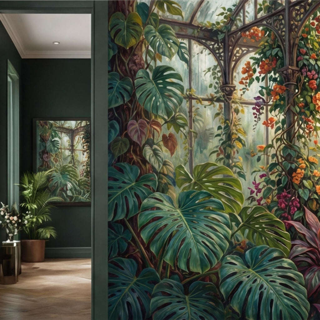 Tropical Greenhouse Jungle Wall Mural Peel and Stick Removable Botanical Wallpaper, Monstera Banana Palm Conservatory