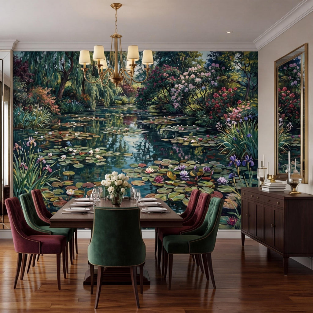 Water Lily Pond Wall Mural Peel and Stick Monet Garden Removable Wallpaper, Floral Lake Landscape Mural Bedroom Living Room