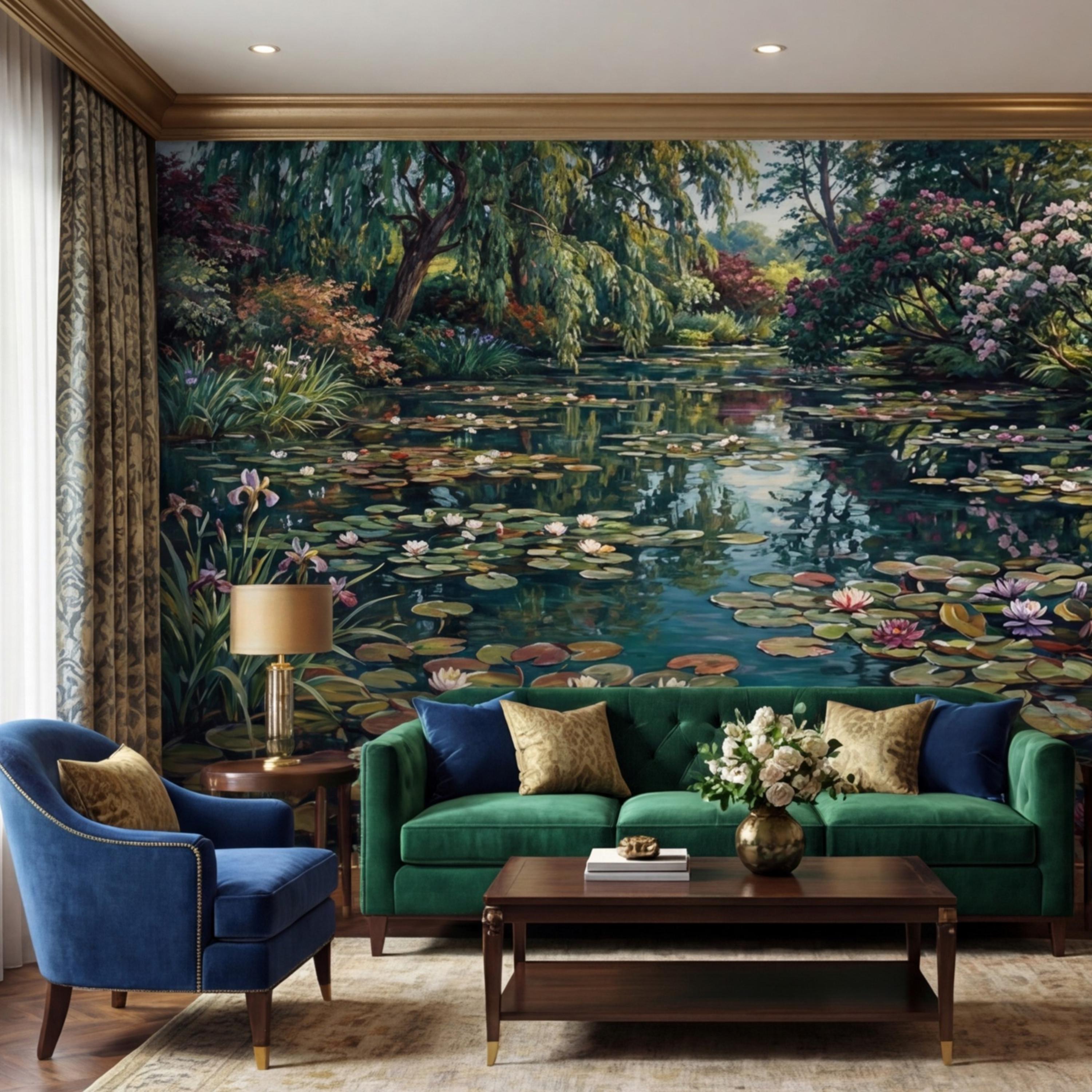 Water Lily Pond Wall Mural Peel and Stick Monet Garden Removable Wallpaper, Floral Lake Landscape Mural Bedroom Living Room