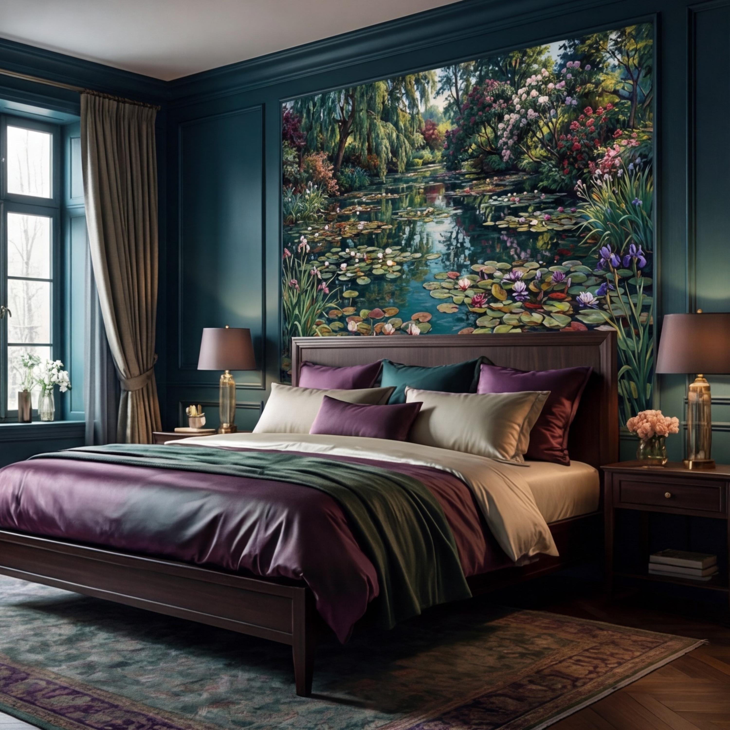 Water Lily Pond Wall Mural Peel and Stick Monet Garden Removable Wallpaper, Floral Lake Landscape Mural Bedroom Living Room