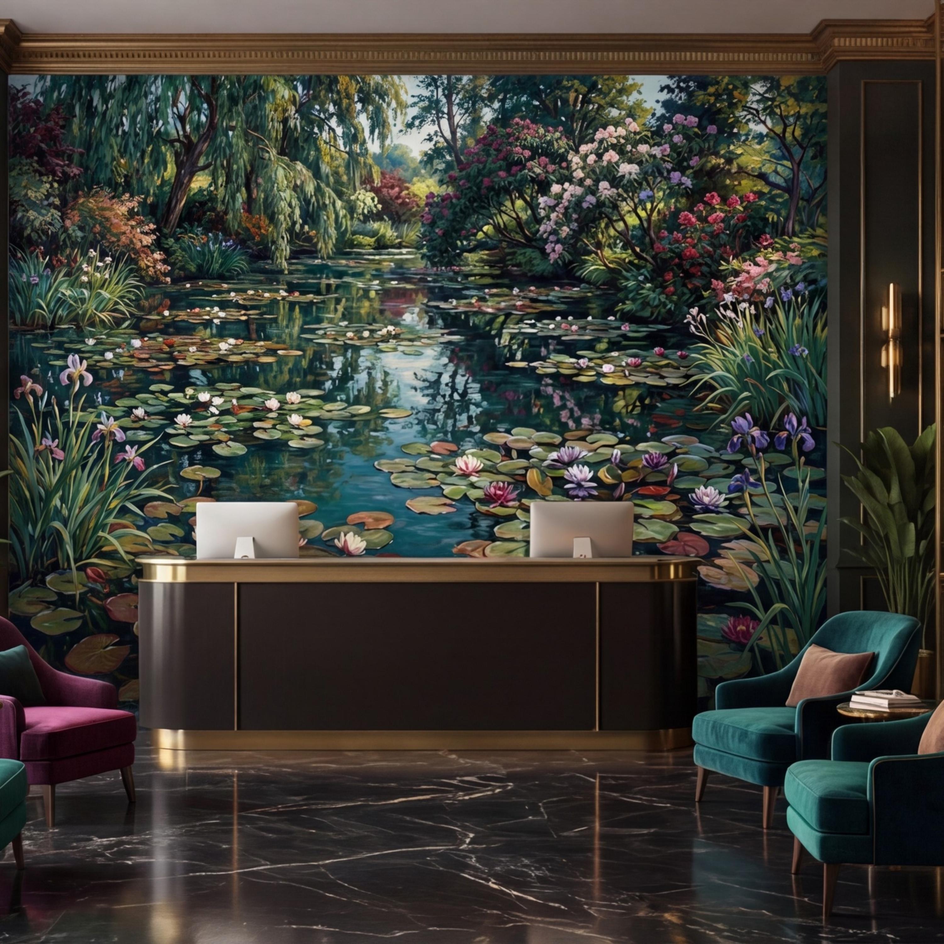 Water Lily Pond Wall Mural Peel and Stick Monet Garden Removable Wallpaper, Floral Lake Landscape Mural Bedroom Living Room