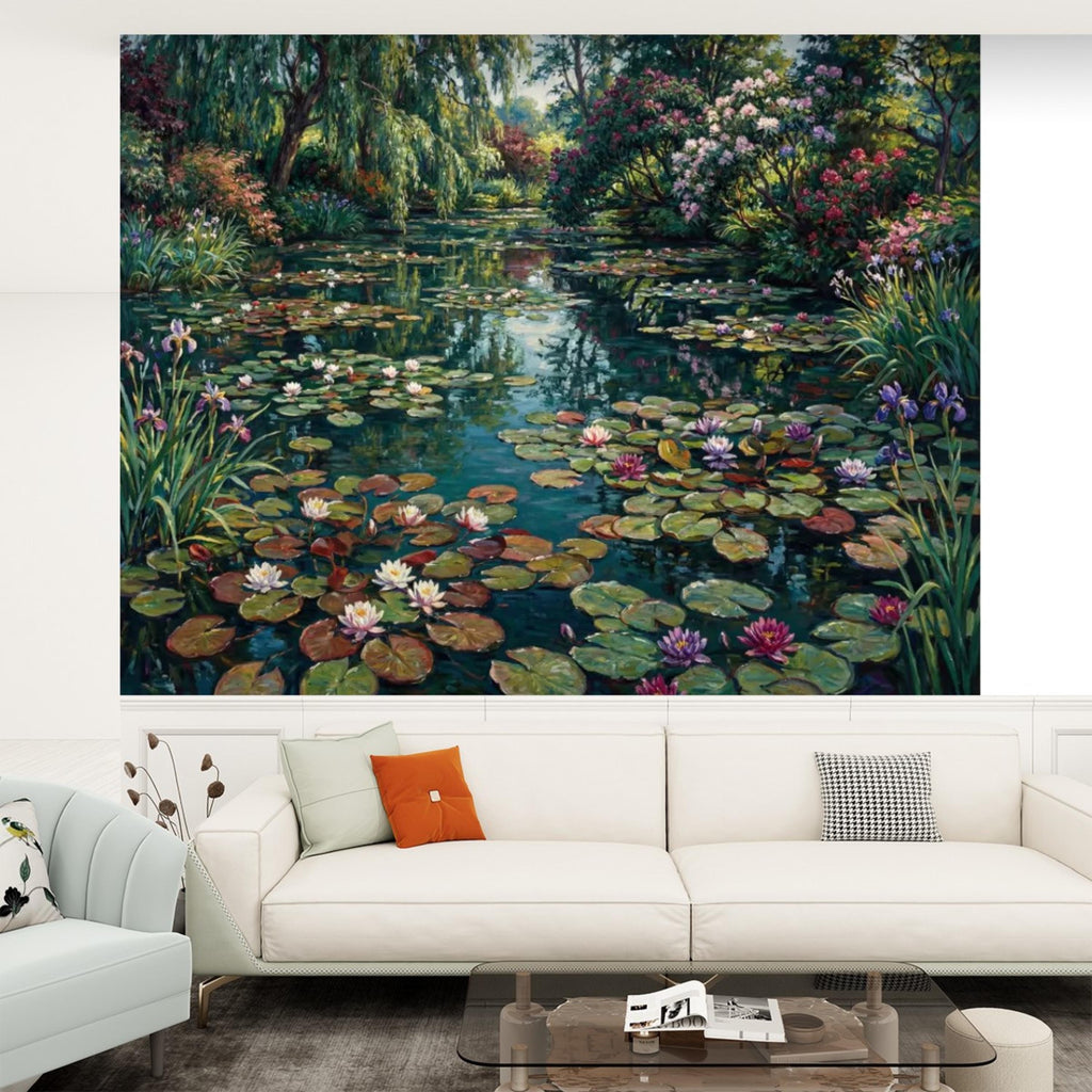Water Lily Pond Wall Mural Peel and Stick Monet Garden Removable Wallpaper, Floral Lake Landscape Mural Bedroom Living Room