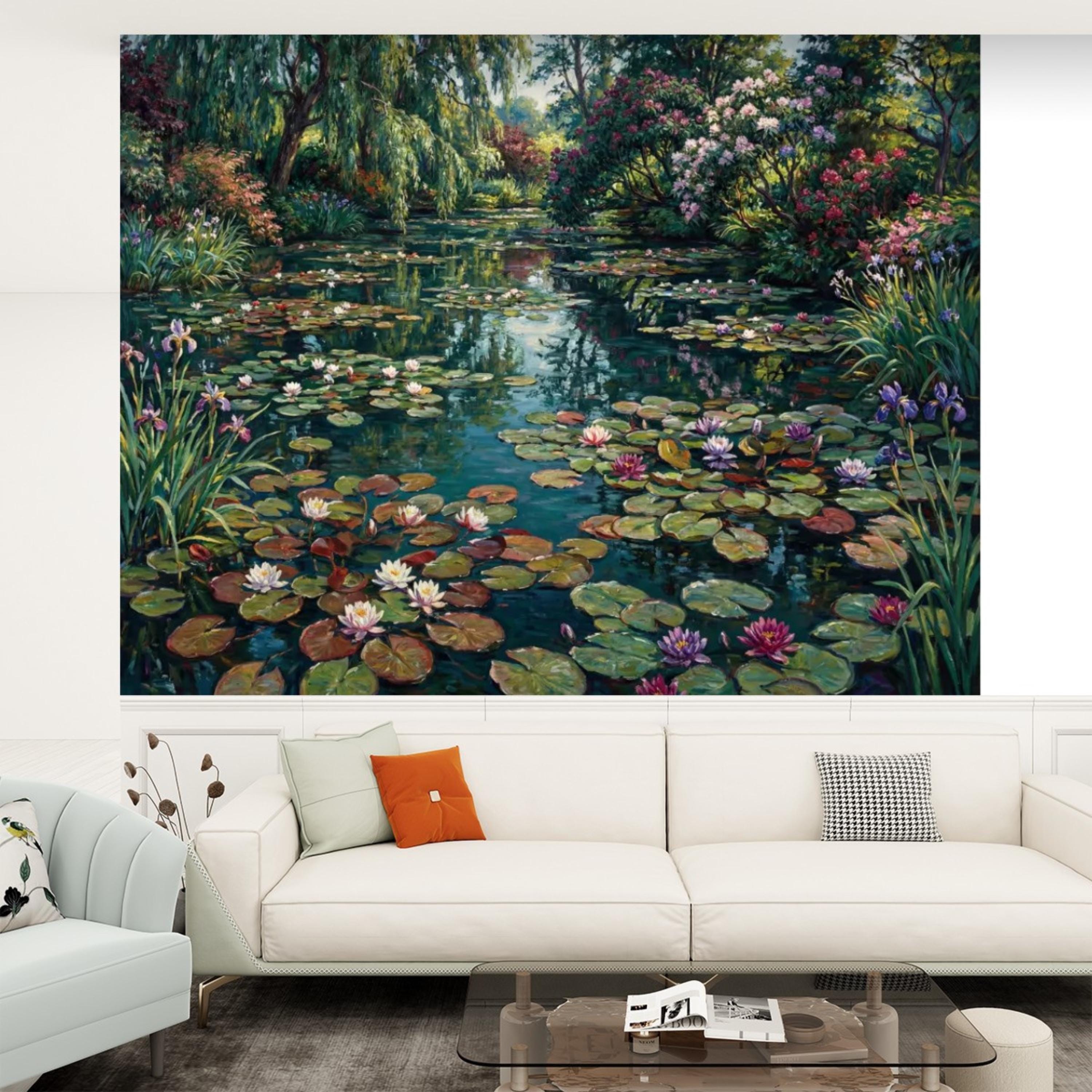 Water Lily Pond Wall Mural Peel and Stick Monet Garden Removable Wallpaper, Floral Lake Landscape Mural Bedroom Living Room