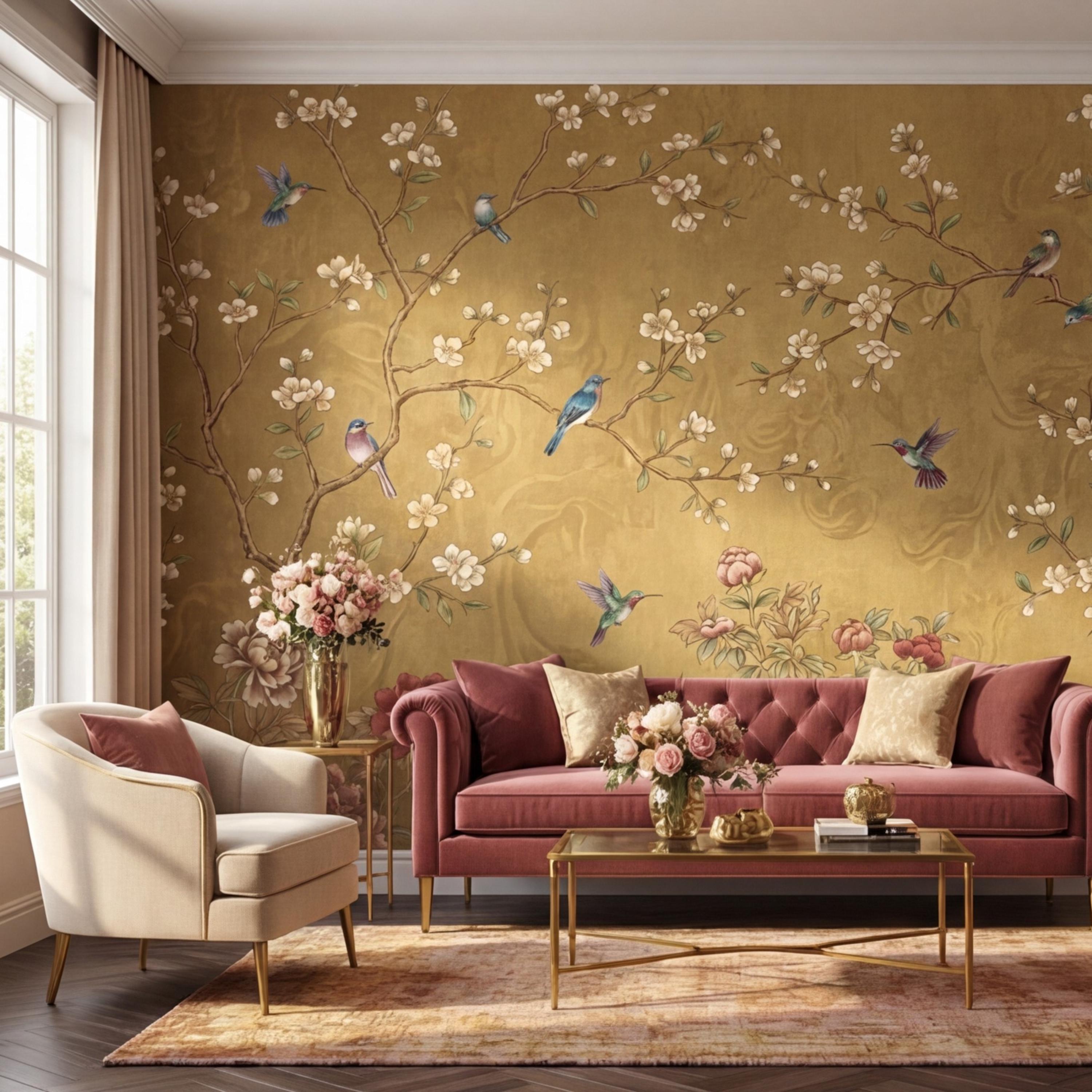 Vintage Chinoiserie Peony Bird Peel and Stick Wall Mural, Gold Look Oriental Floral Removable Wallpaper Bedroom Living Room