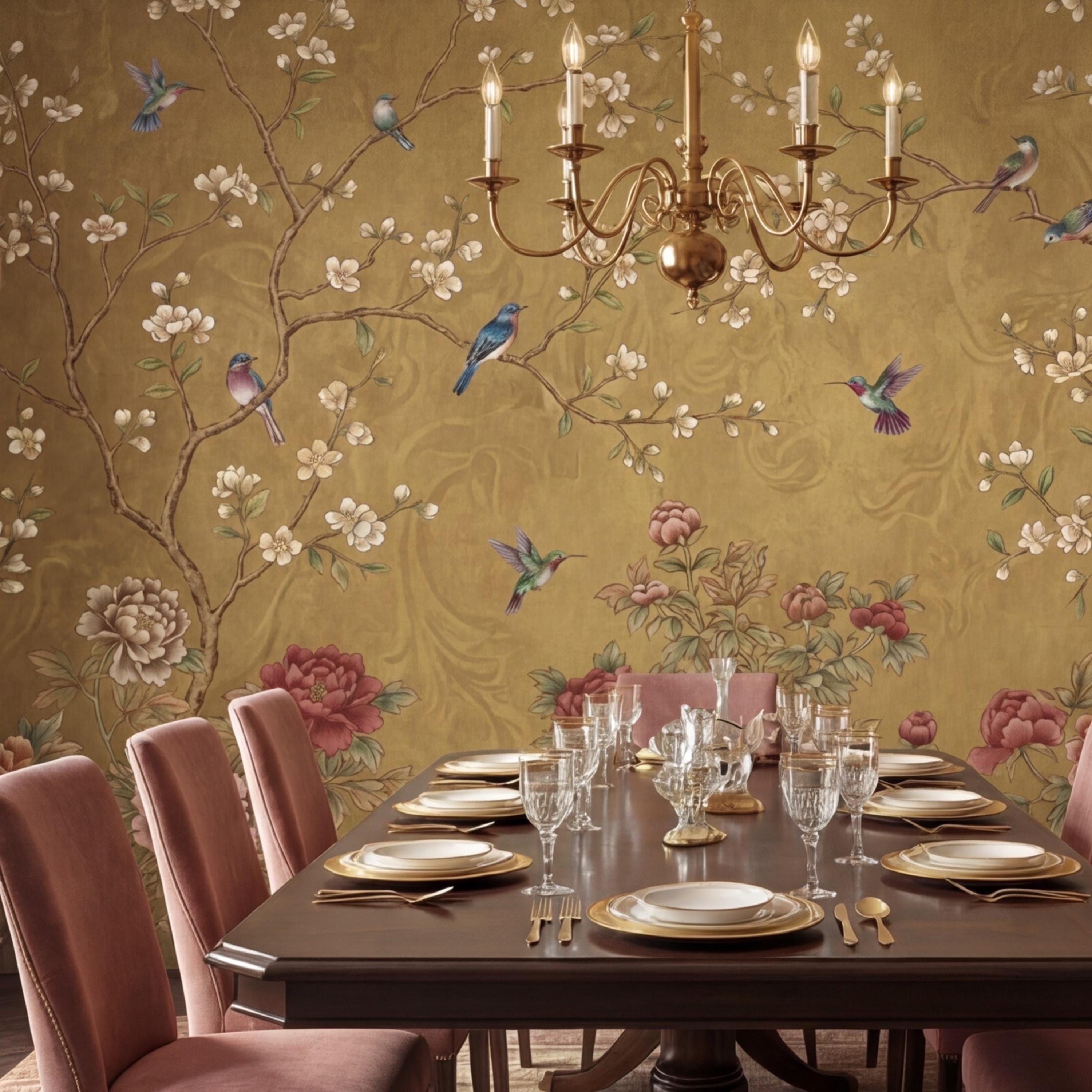 Vintage Chinoiserie Peony Bird Peel and Stick Wall Mural, Gold Look Oriental Floral Removable Wallpaper Bedroom Living Room