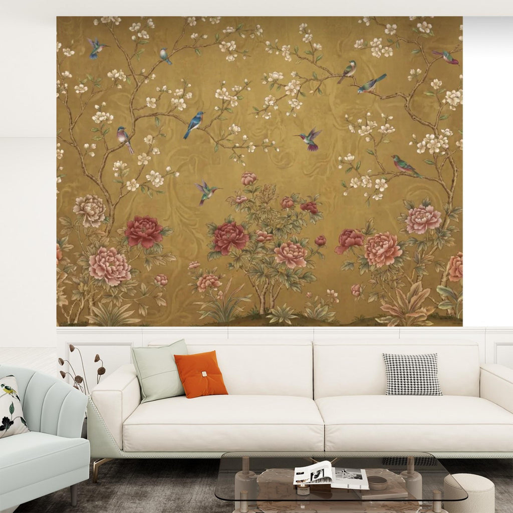 Vintage Chinoiserie Peony Bird Peel and Stick Wall Mural, Gold Look Oriental Floral Removable Wallpaper Bedroom Living Room