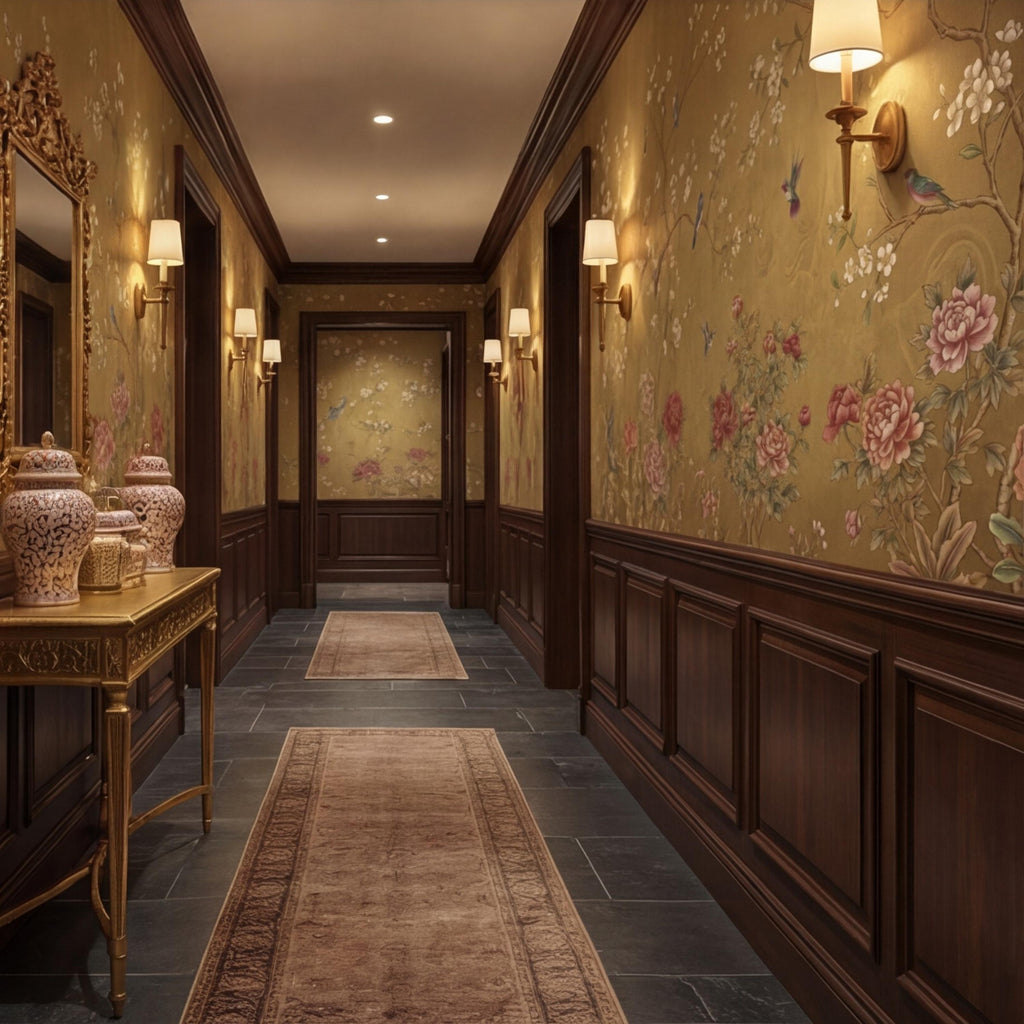 Vintage Chinoiserie Peony Bird Peel and Stick Wall Mural, Gold Look Oriental Floral Removable Wallpaper Bedroom Living Room