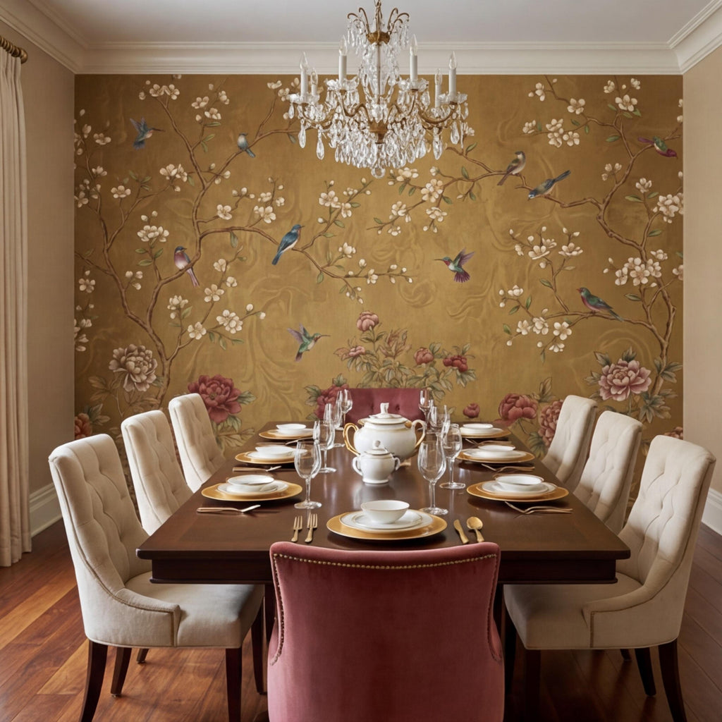 Vintage Chinoiserie Peony Bird Peel and Stick Wall Mural, Gold Look Oriental Floral Removable Wallpaper Bedroom Living Room
