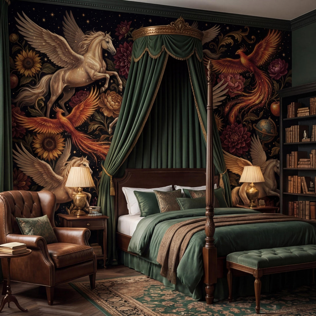 Peel and Stick Wall Mural Fantasy Pegasus & Phoenix Dark Floral Removable Wallpaper Celestial Bedroom Decor