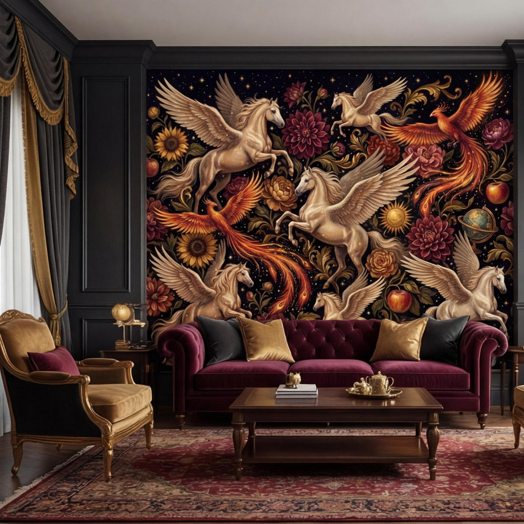 Peel and Stick Wall Mural Fantasy Pegasus & Phoenix Dark Floral Removable Wallpaper Celestial Bedroom Decor
