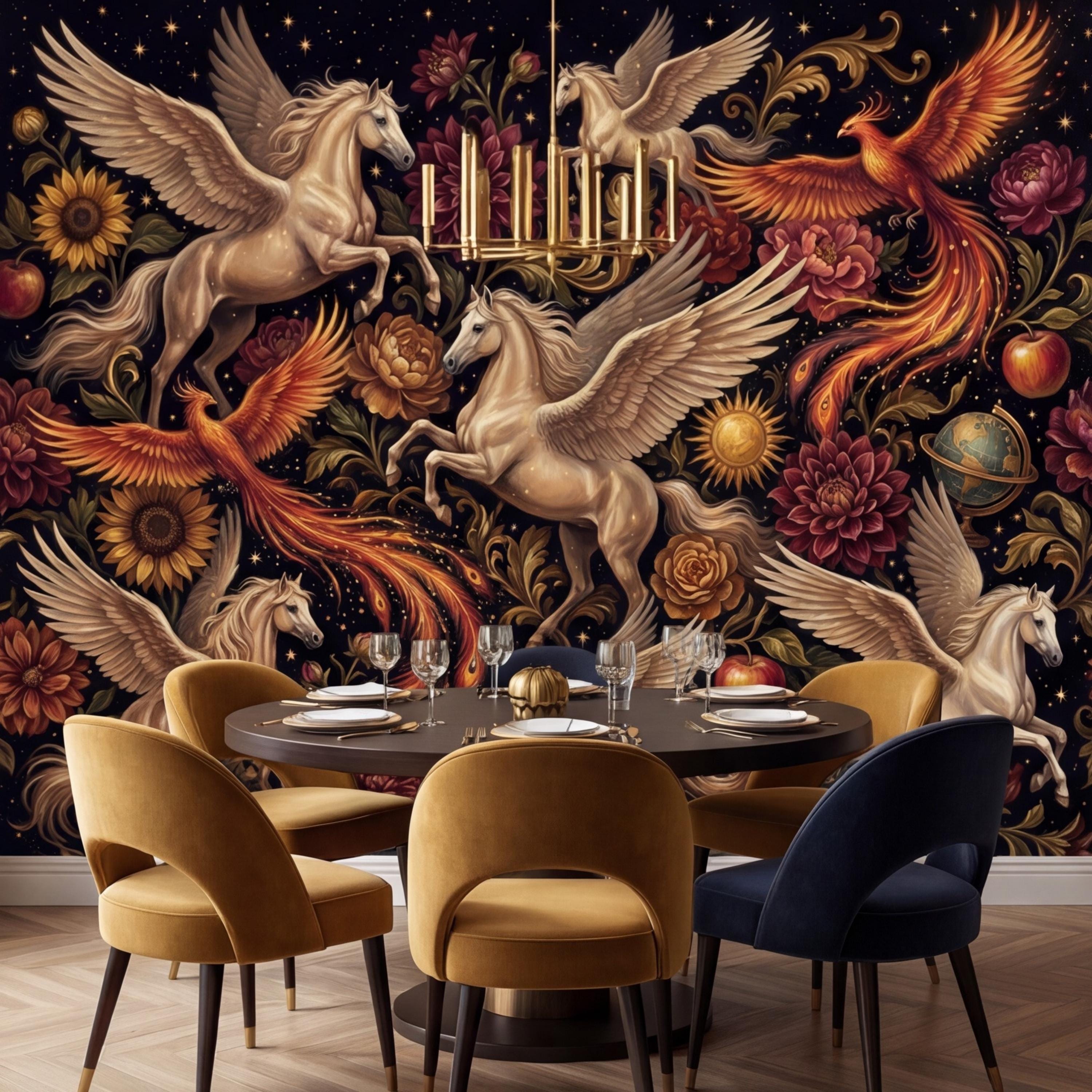 Peel and Stick Wall Mural Fantasy Pegasus & Phoenix Dark Floral Removable Wallpaper Celestial Bedroom Decor