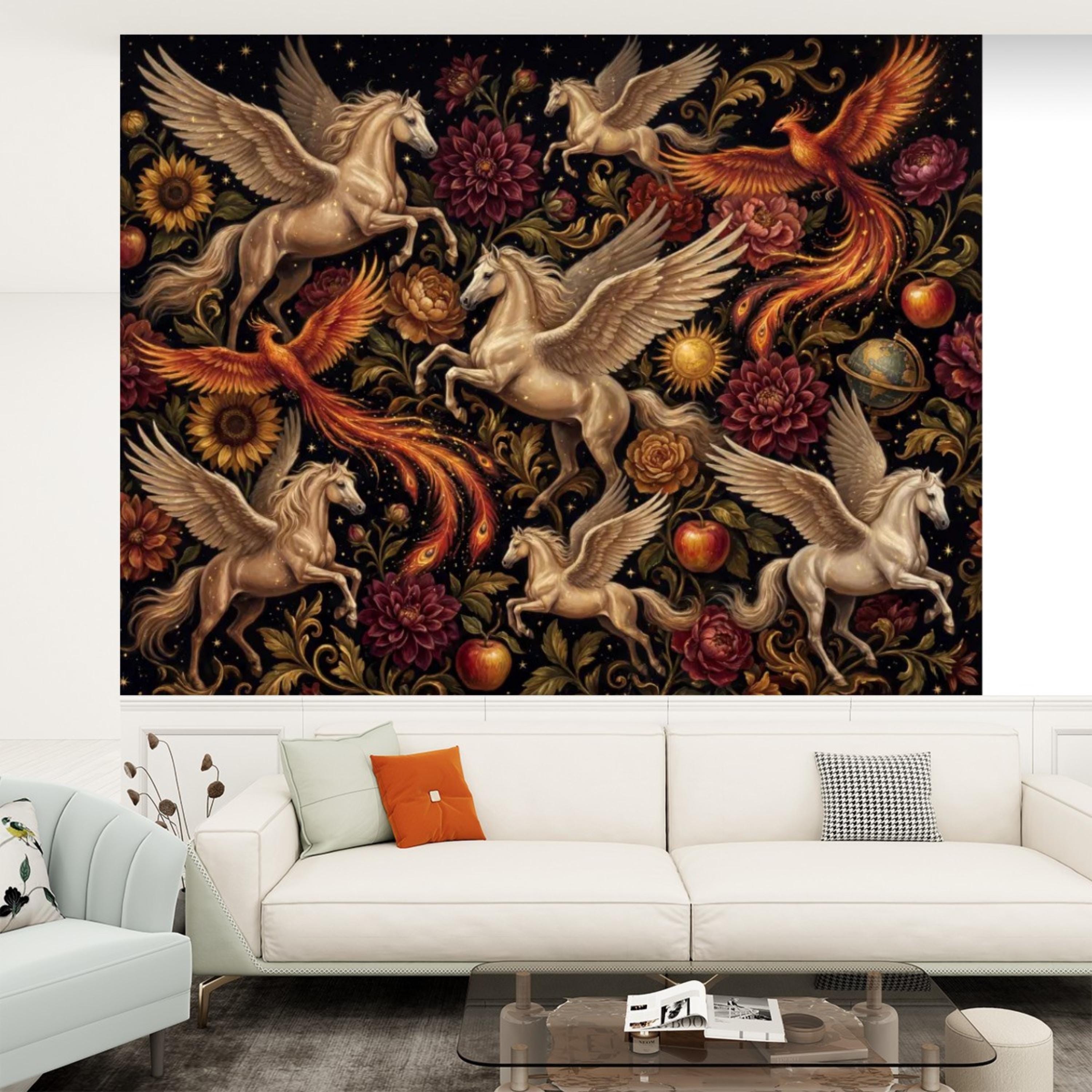 Peel and Stick Wall Mural Fantasy Pegasus & Phoenix Dark Floral Removable Wallpaper Celestial Bedroom Decor