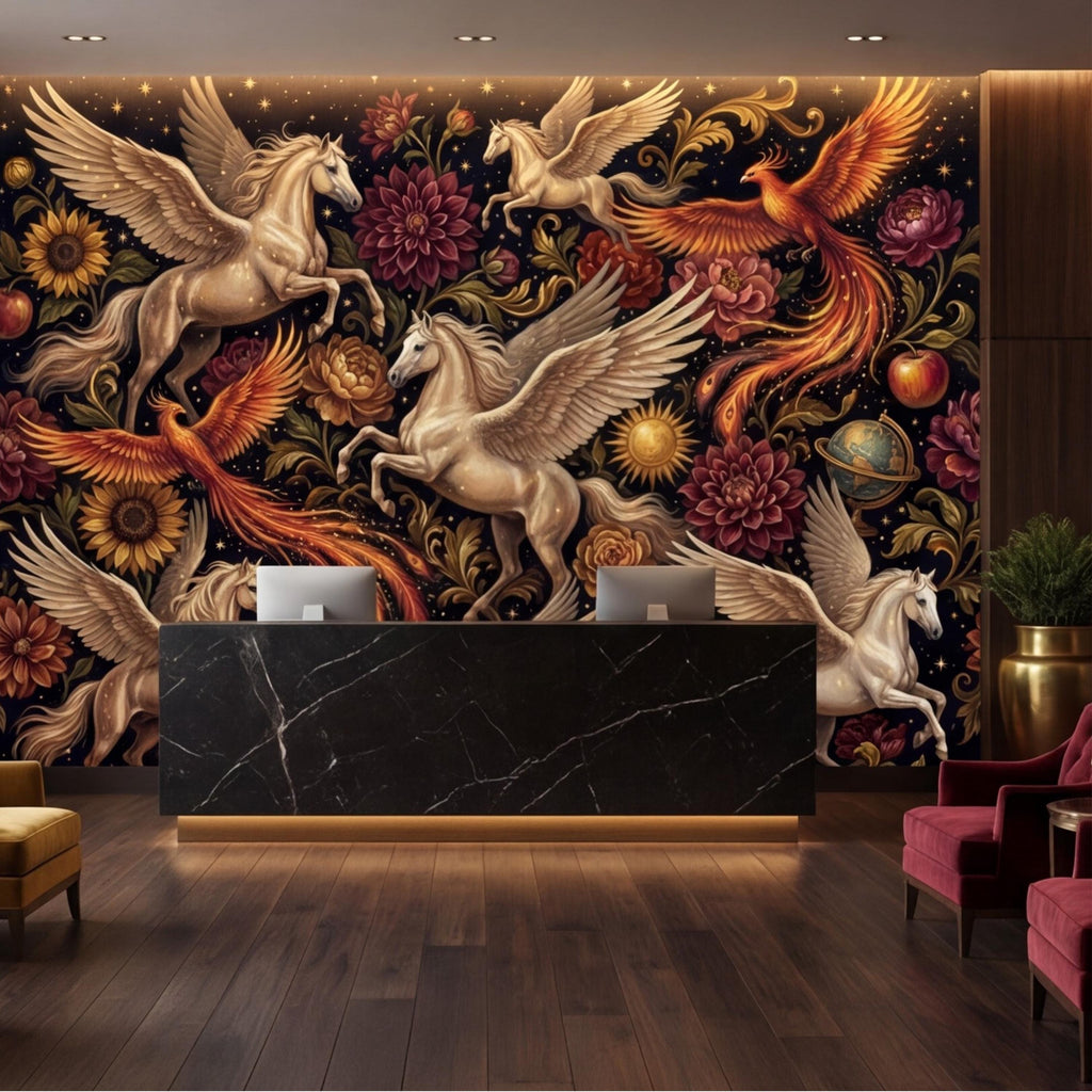 Peel and Stick Wall Mural Fantasy Pegasus & Phoenix Dark Floral Removable Wallpaper Celestial Bedroom Decor