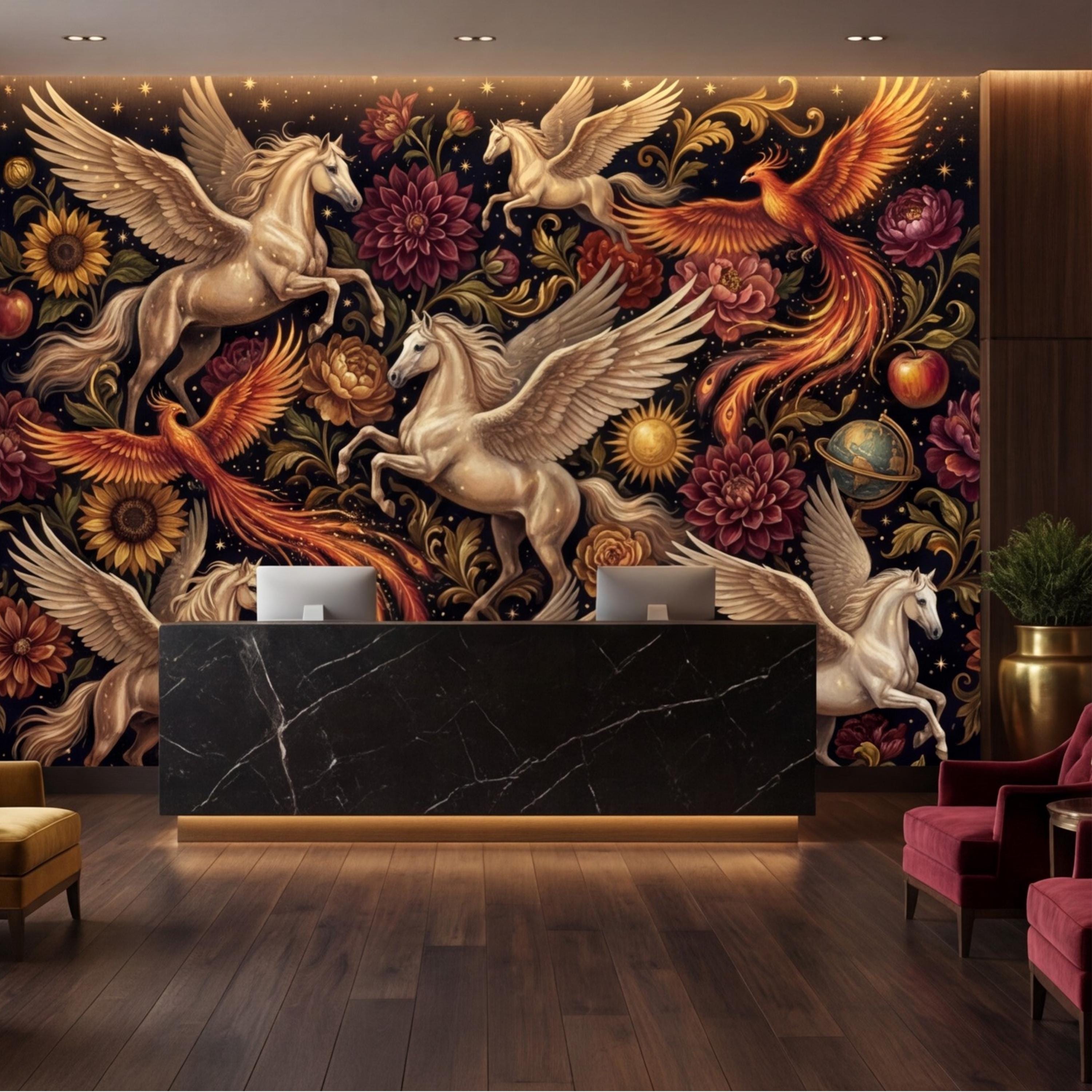 Peel and Stick Wall Mural Fantasy Pegasus & Phoenix Dark Floral Removable Wallpaper Celestial Bedroom Decor