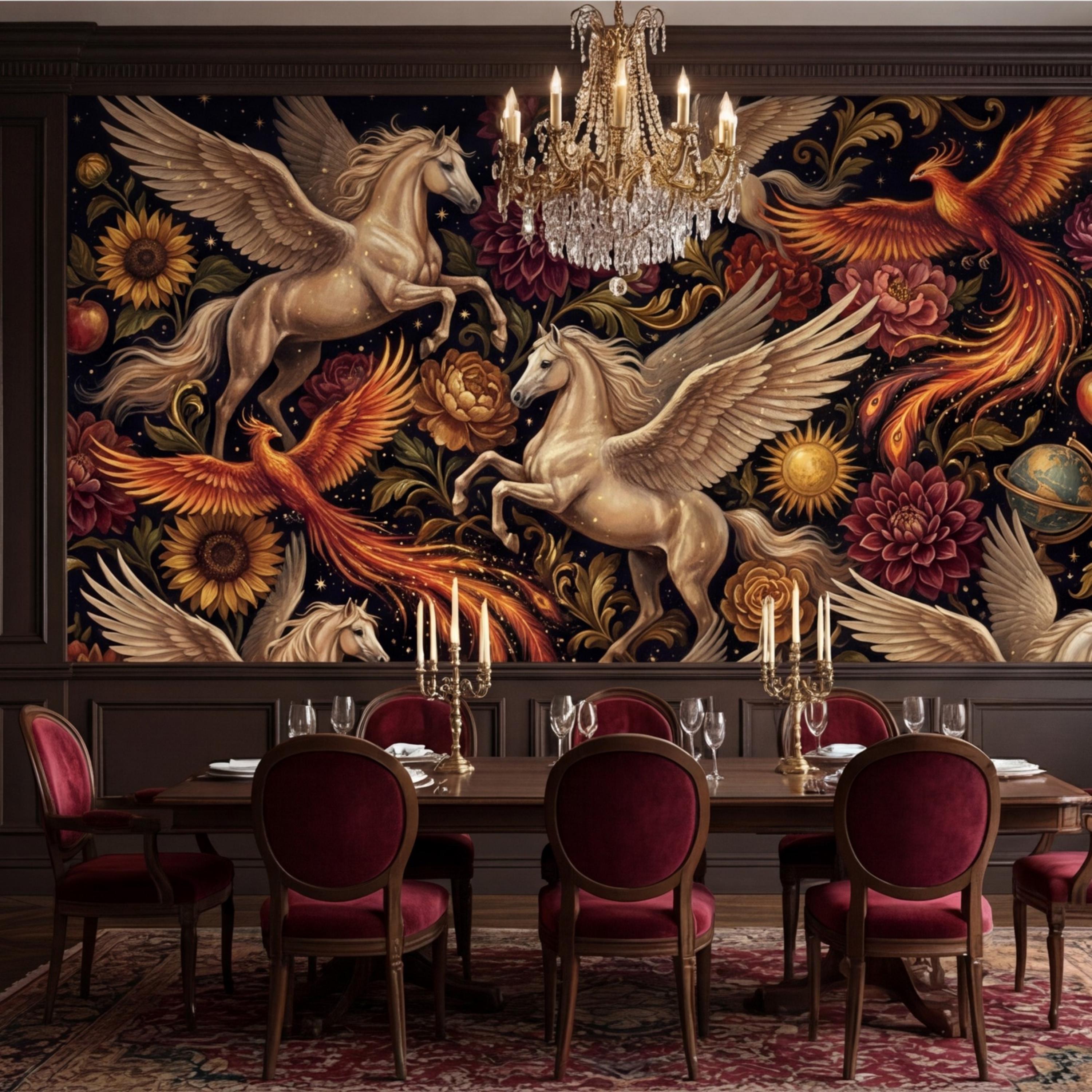 Peel and Stick Wall Mural Fantasy Pegasus & Phoenix Dark Floral Removable Wallpaper Celestial Bedroom Decor