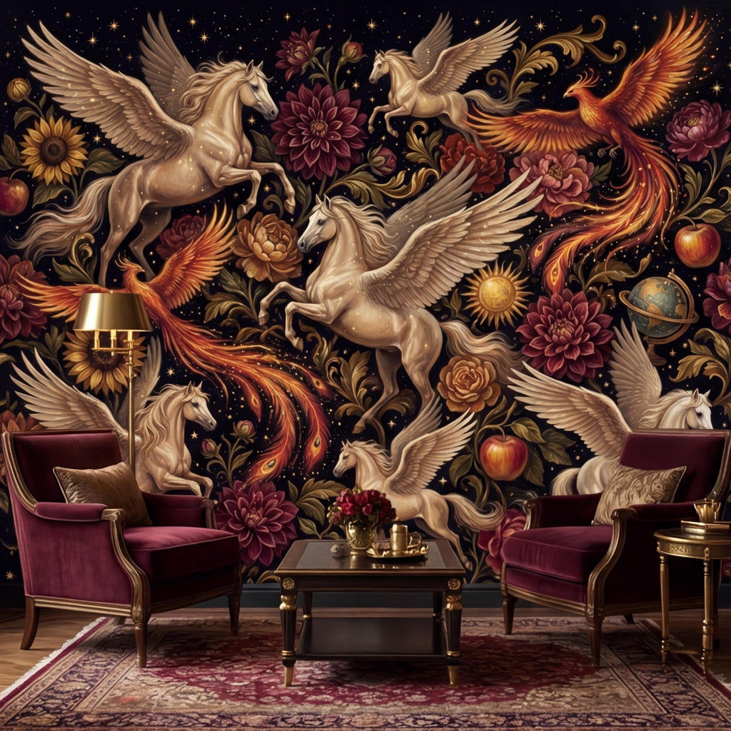Peel and Stick Wall Mural Fantasy Pegasus & Phoenix Dark Floral Removable Wallpaper Celestial Bedroom Decor