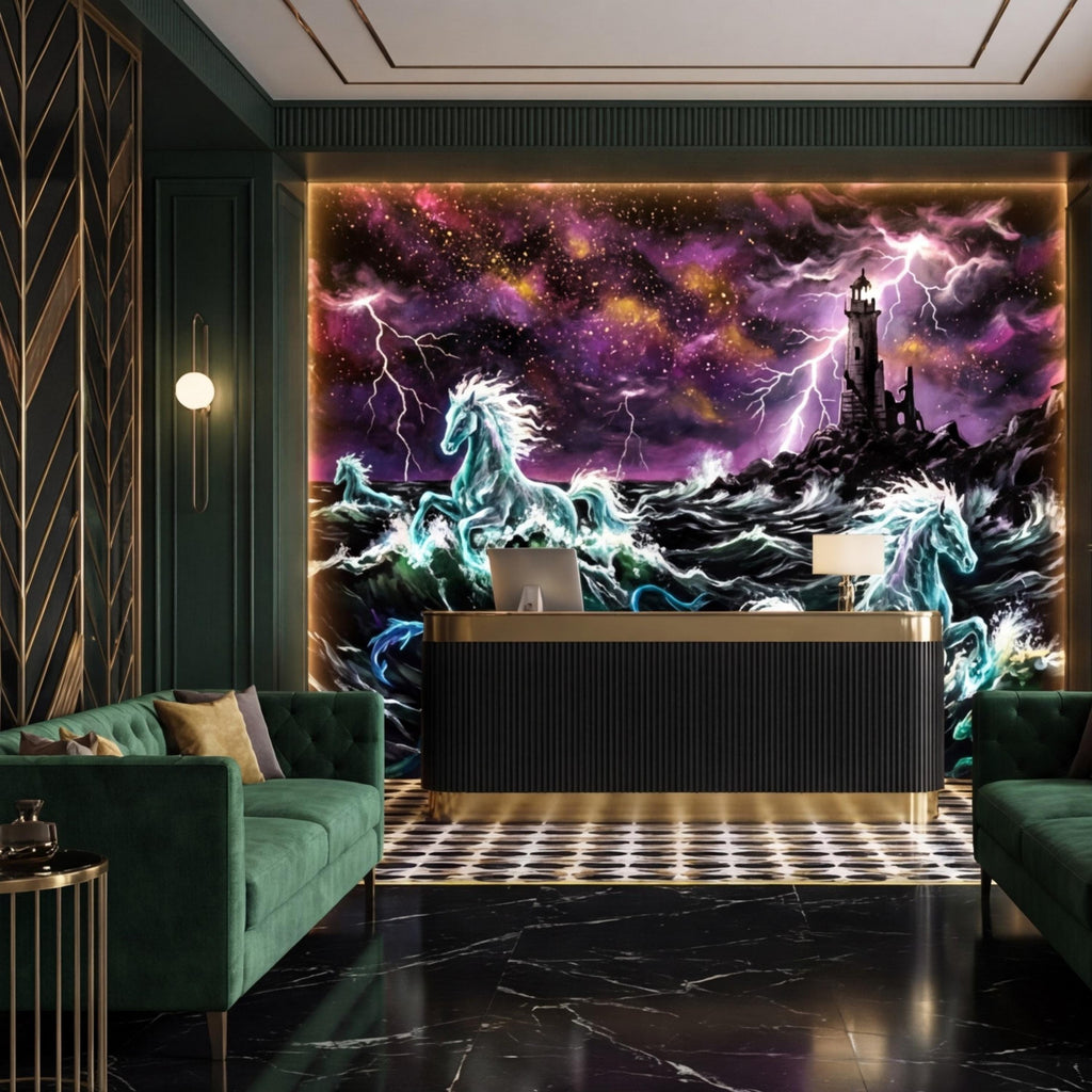 Stormy Ocean Seahorse Peel and Stick Removable Wall Mural, Lightning Lighthouse Fantasy Ocean Wallpaper