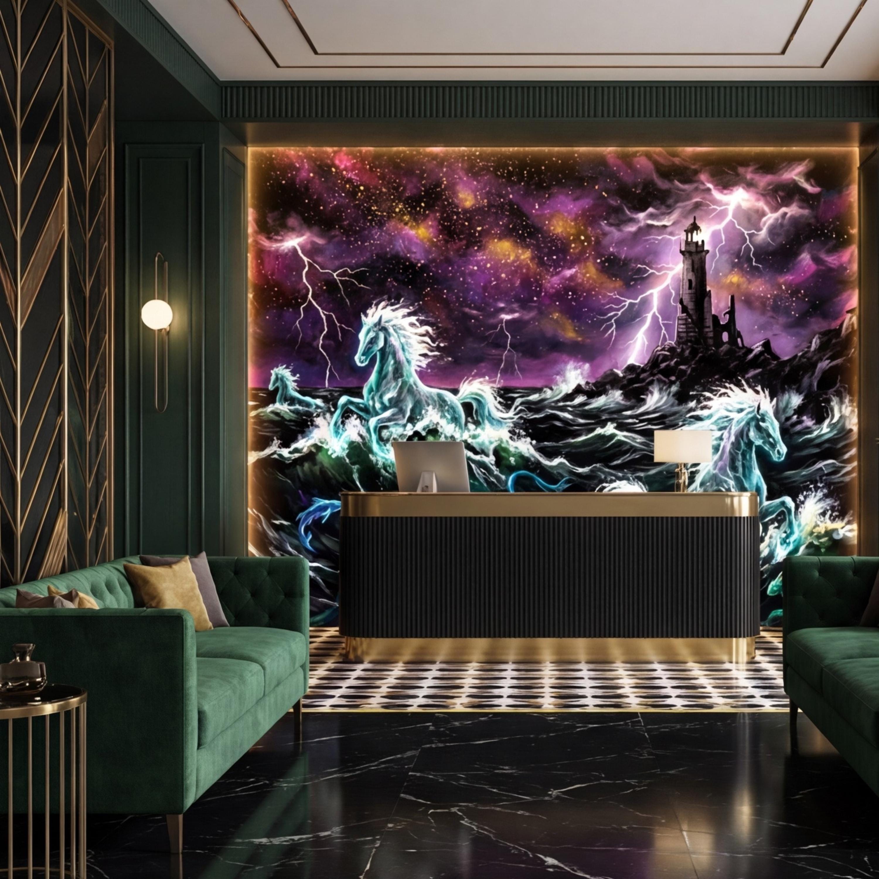 Stormy Ocean Seahorse Peel and Stick Removable Wall Mural, Lightning Lighthouse Fantasy Ocean Wallpaper
