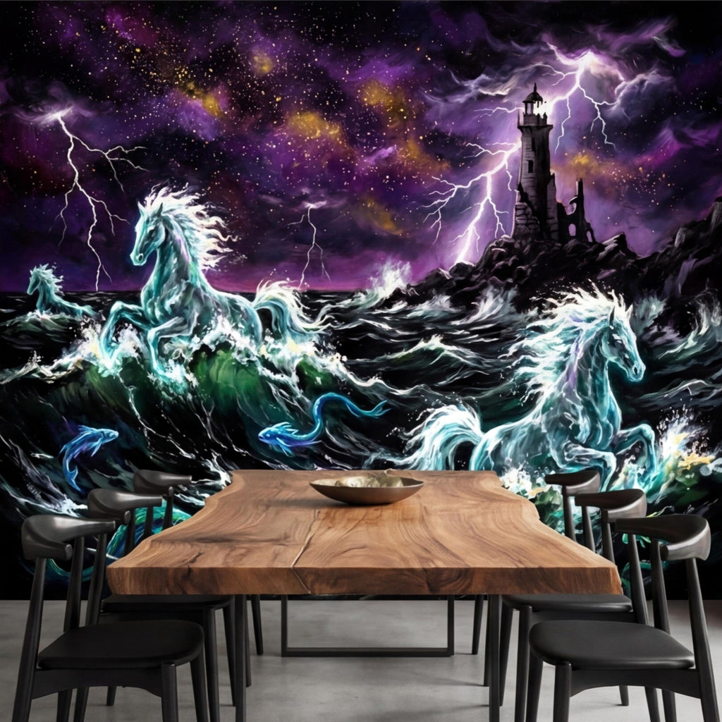 Stormy Ocean Seahorse Peel and Stick Removable Wall Mural, Lightning Lighthouse Fantasy Ocean Wallpaper